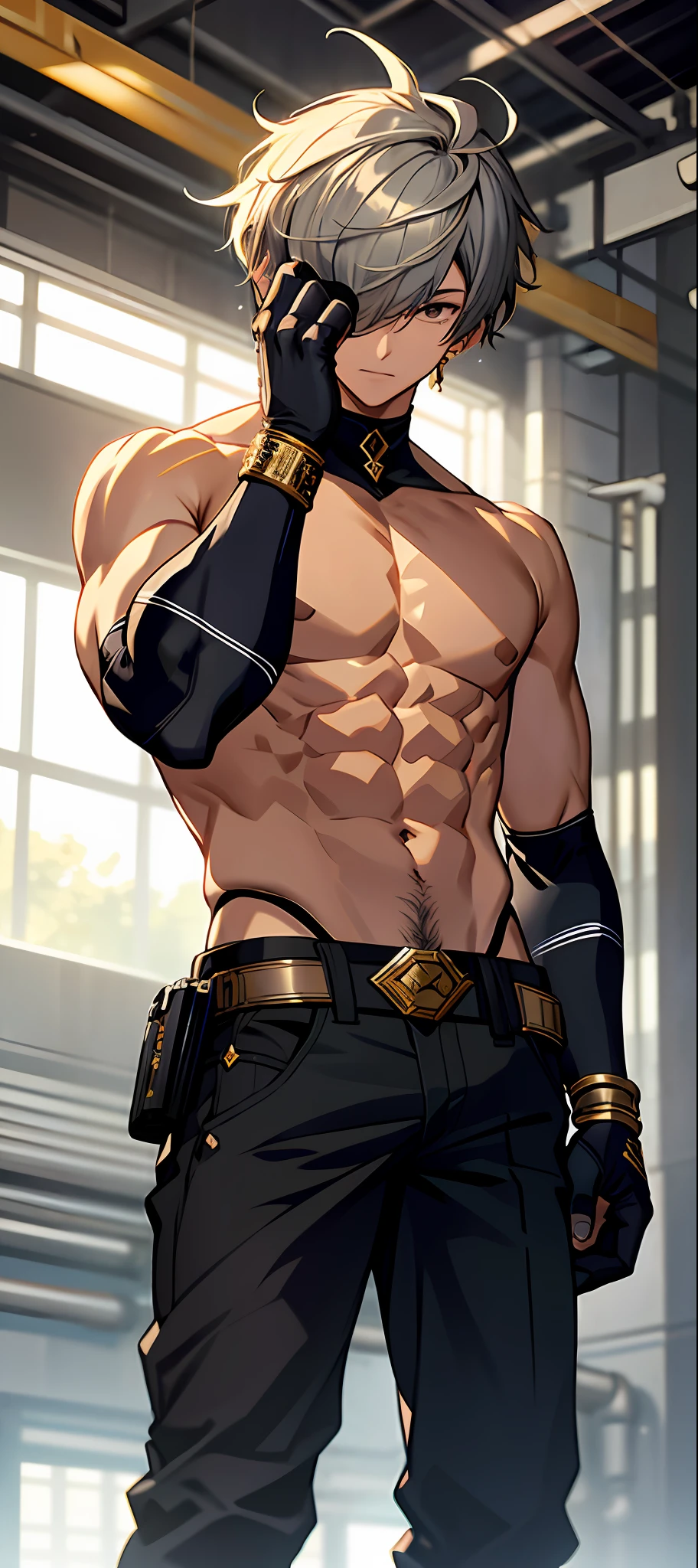 masterpiece, best quality,alhaitham\(genshin impact\), ultra detailed, 1boy, male focus, shirtless, solo, gloves, shirtless pecs, grey hair, gold jewellery , ahoge, black shirt, bangs, hair over one eye, black gloves, indoors, fingerless gloves, black pants, pants, swept bangs, boots, bare shoulders, short hair, elbow gloves,(kbxll:0.6)