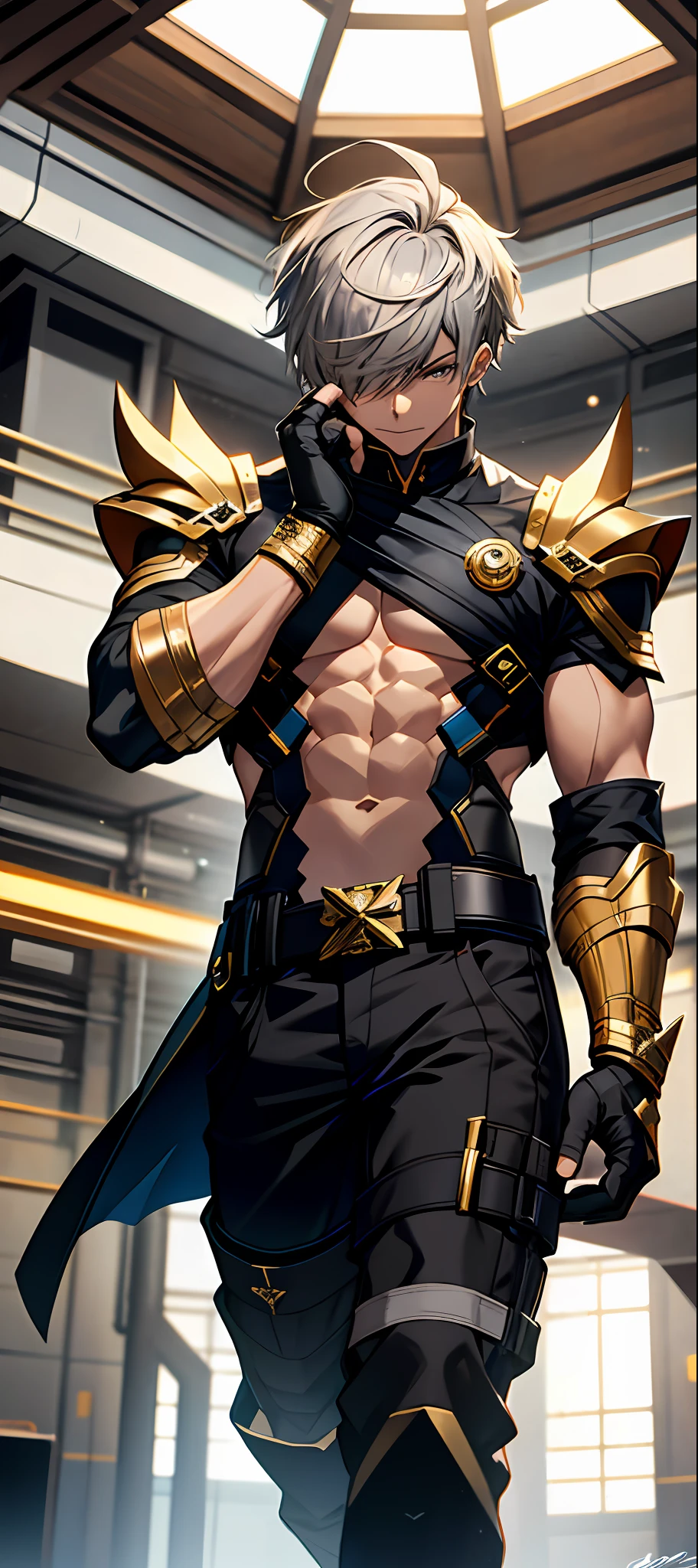 masterpiece, best quality,alhaitham\(genshin impact\), ultra detailed, 1boy, male focus, shirtless, solo, gloves, shirtless pecs, grey hair, gold jewellery , ahoge, black open shirt, bangs, hair over one eye, black gloves, indoors, fingerless gloves, black pants, pants, swept bangs, boots, bare shoulders, short hair, elbow gloves,(kbxll:0.6)