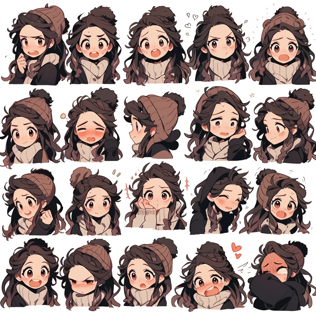 cute girl, emoji pack, 16 emoticons, emoji sheet, multiple poses and expressions, anthropomorphic style, Disney style, black strokes, different emotions,multiple poss and expressions, 8k --niji 5