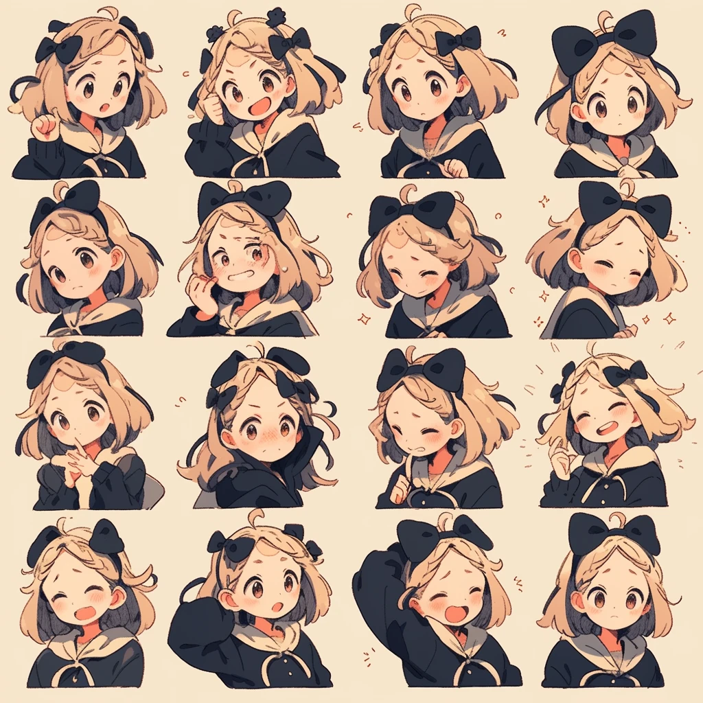 cute girl, emoji pack, 16 emoticons, emoji sheet, multiple poses and expressions, anthropomorphic style, Disney style, black strokes, different emotions,multiple poss and expressions, 8k --niji 5