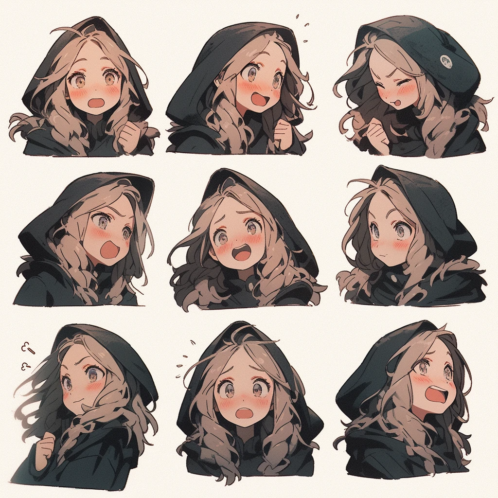 cute girl, emoji pack, 9 emoticons, emoji sheet, multiple poses and expressions, anthropomorphic style, Disney style, black strokes, different emotions,multiple poss and expressions, 8k --niji 5