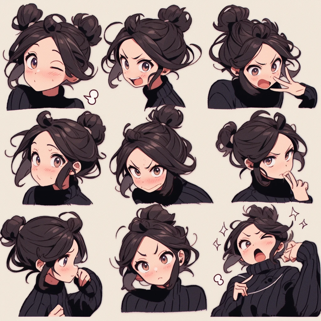 cute girl, emoji pack, 9 emoticons, emoji sheet, multiple poses and expressions, anthropomorphic style, Disney style, black strokes, different emotions,multiple poss and expressions, 8k --niji 5