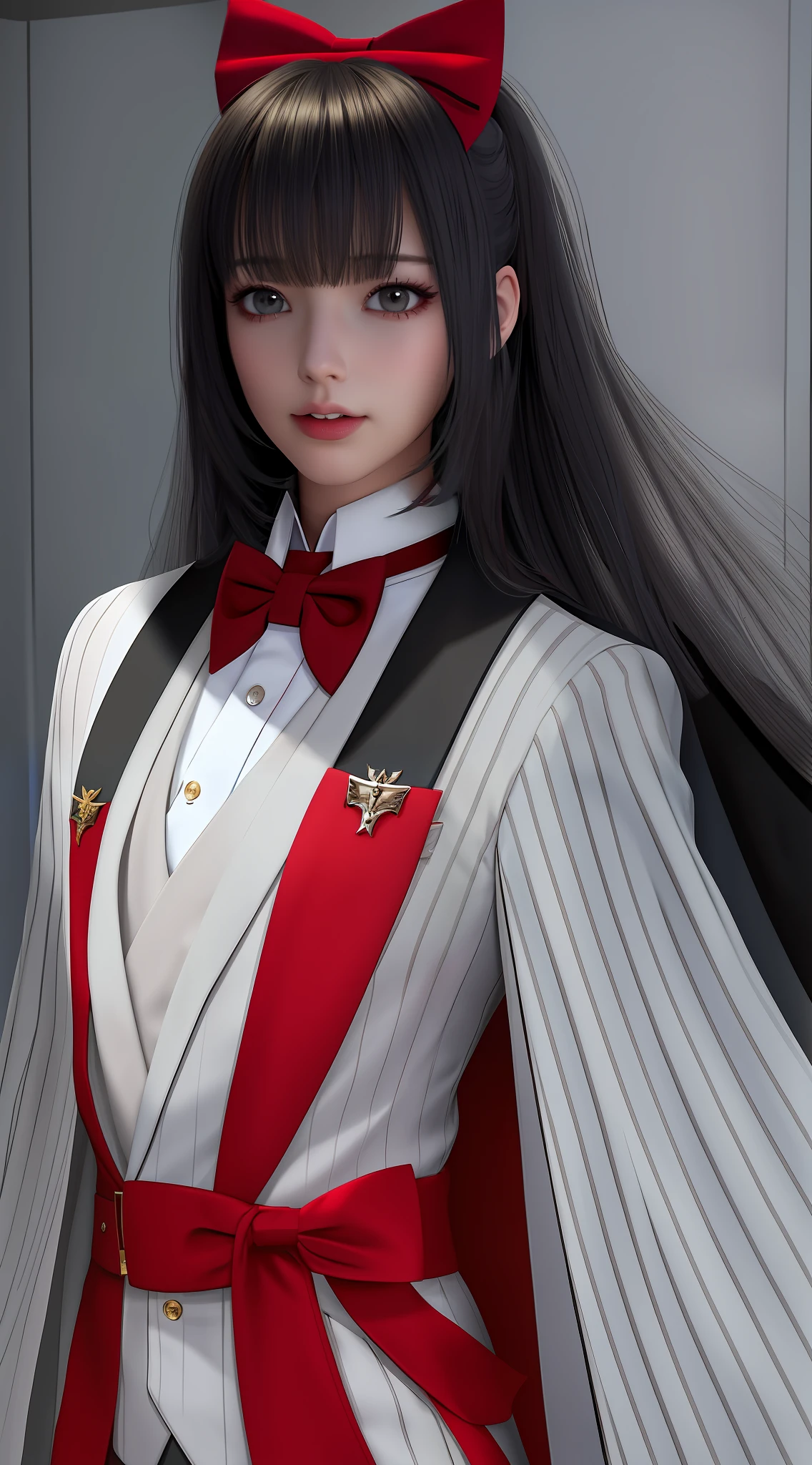 Black cape with red base, gray vest, white striped shirt, red bow tie.