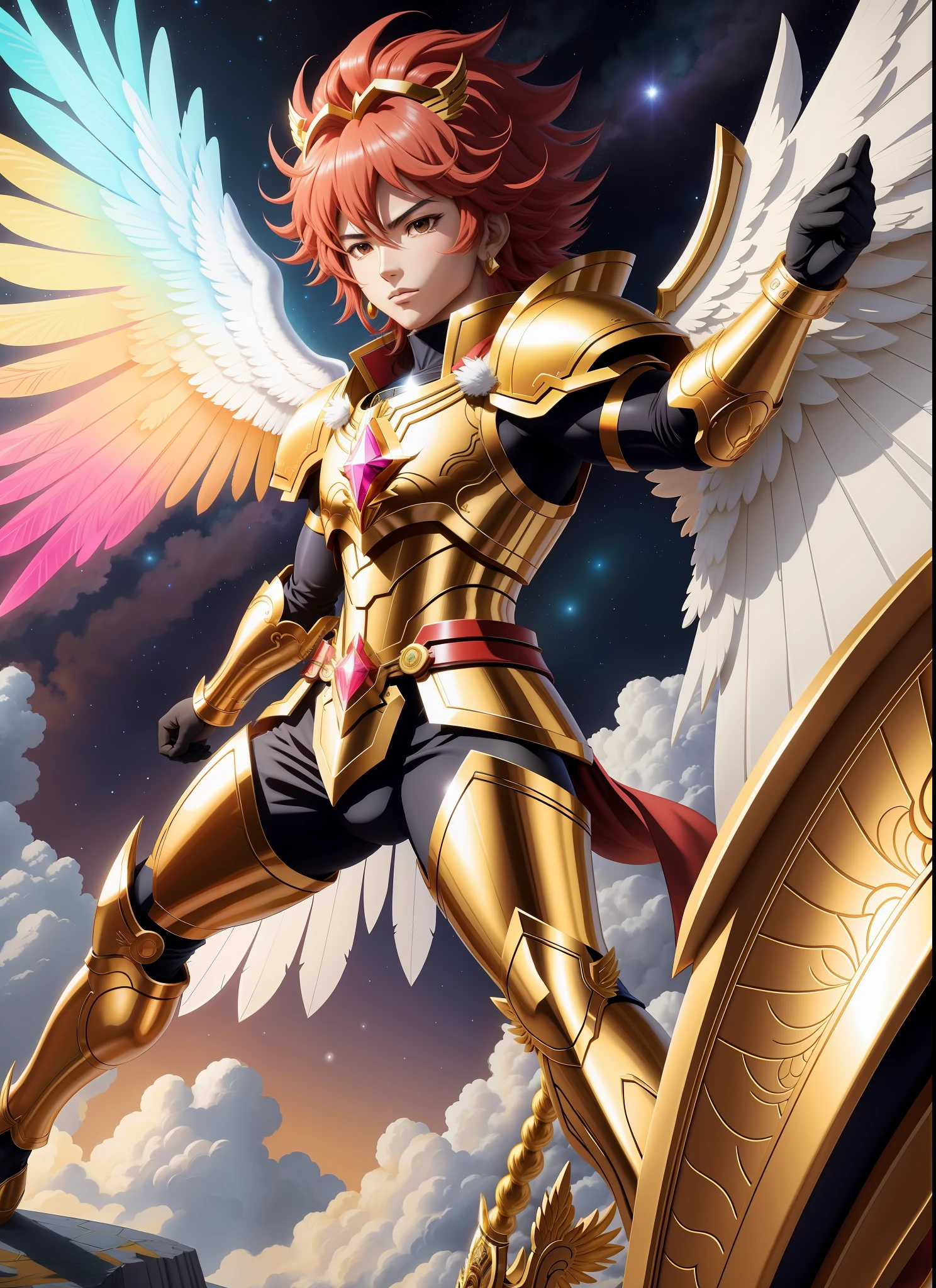 Draw Seiya in legendary Pegasus armor in an epic, vibrant scene, capturing intricate detail. Use the confident and determined stance of the anime, include Masami Kurumada's symbol, and mark Toei Animation for authenticity. True to the anime.
