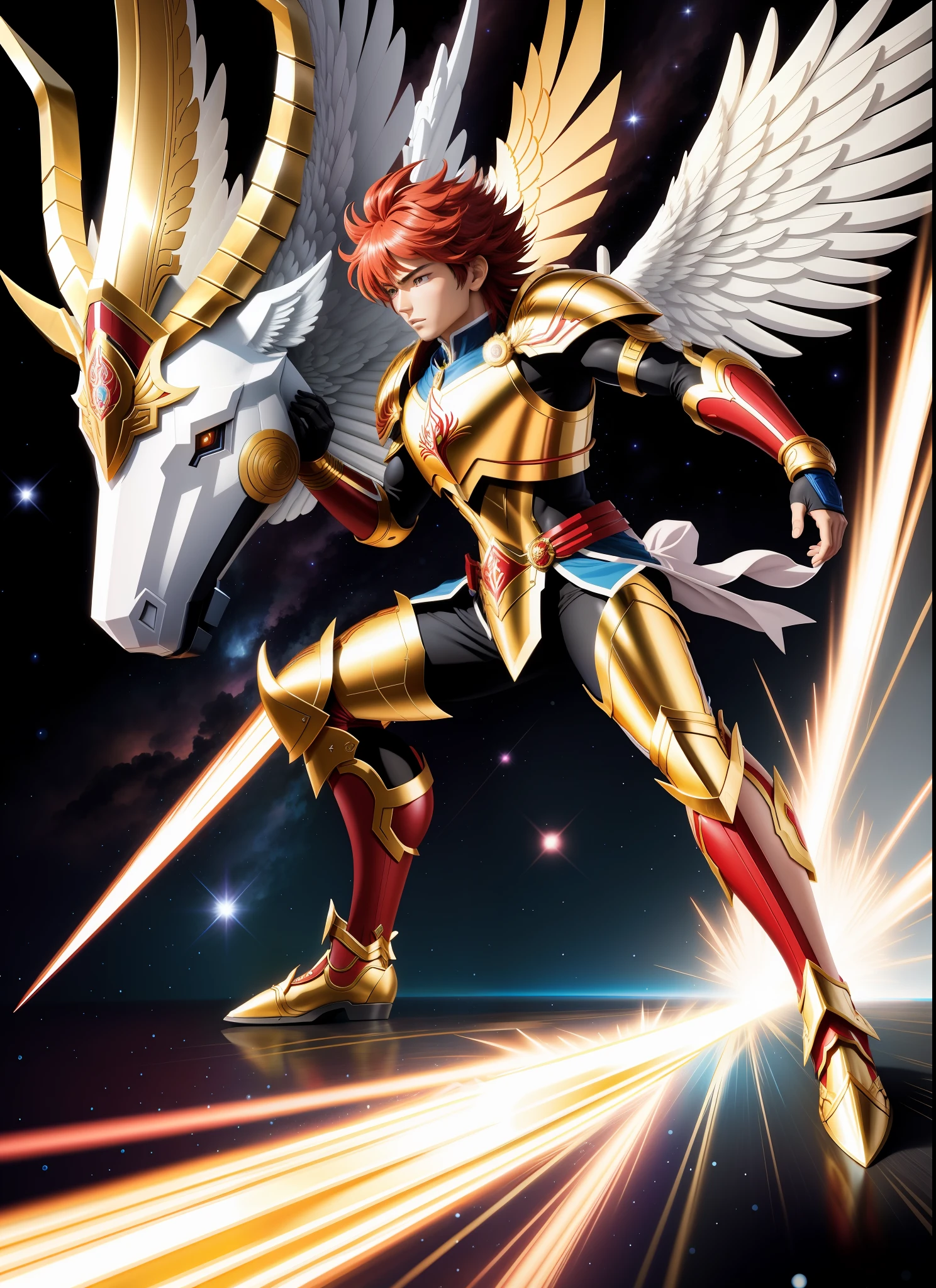 Draw Seiya in legendary Pegasus armor in an epic, vibrant scene, capturing intricate detail. Use the confident and determined stance of the anime, include Masami Kurumada's symbol, and mark Toei Animation for authenticity. True to the anime.