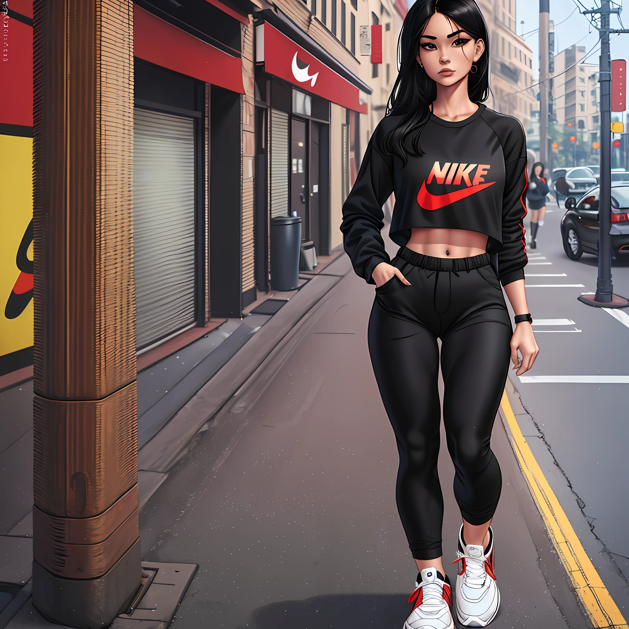 1girl, she wearing black shirt and red pants, casual clothes, wearing black nike sneakers, 22 years old, adult face, 8k style, full HD, ultra realistic, ultra detailed, crowded, long black hair