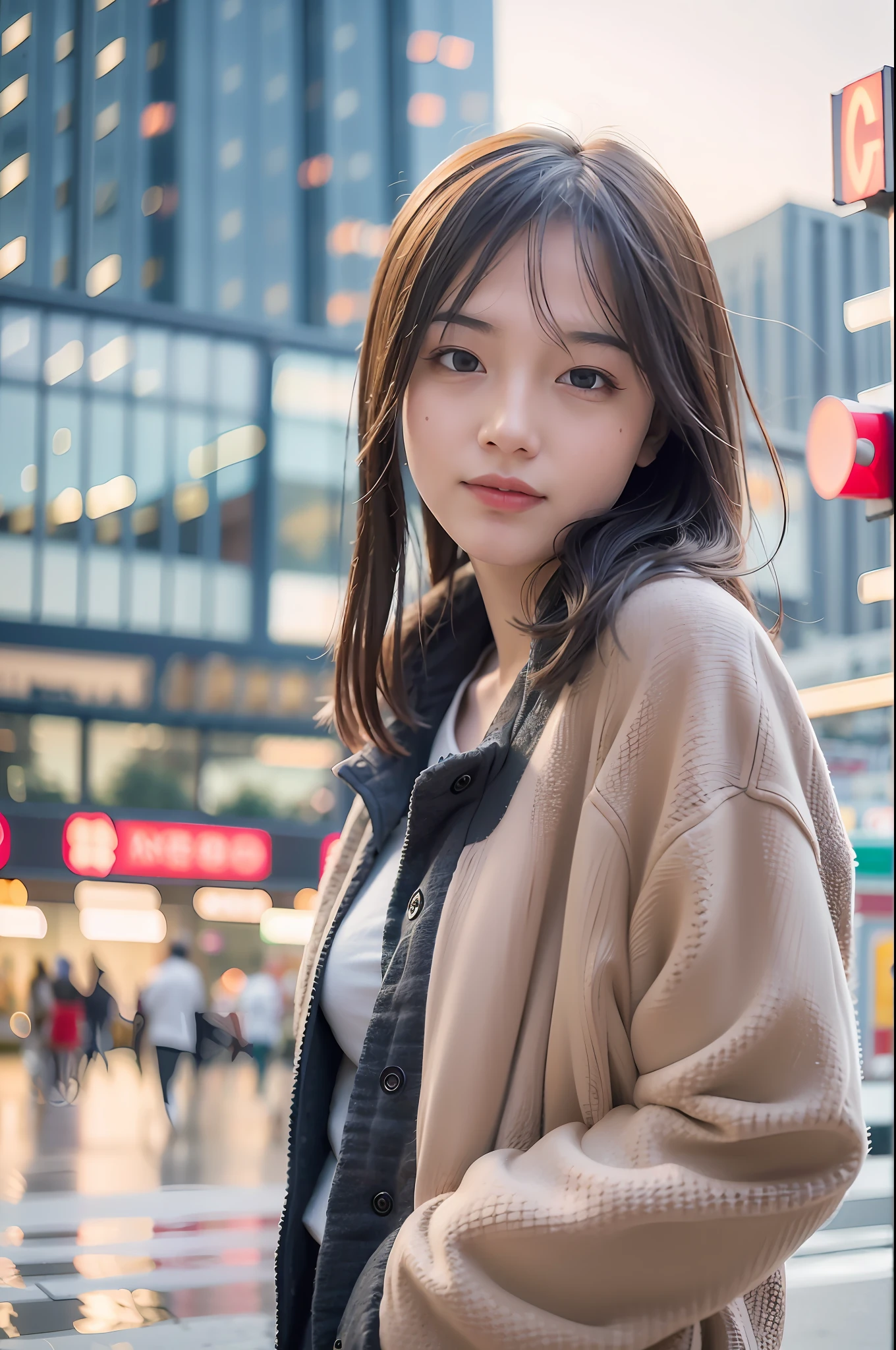 mix4, (8k, raw photography, top quality, masterpiece: 1.2), (realistic, photorealistic: 1.37), 1 girl, cute, cityscape, night, rain, wet, professional lighting, photon mapping, radiosity, physics-based rendering