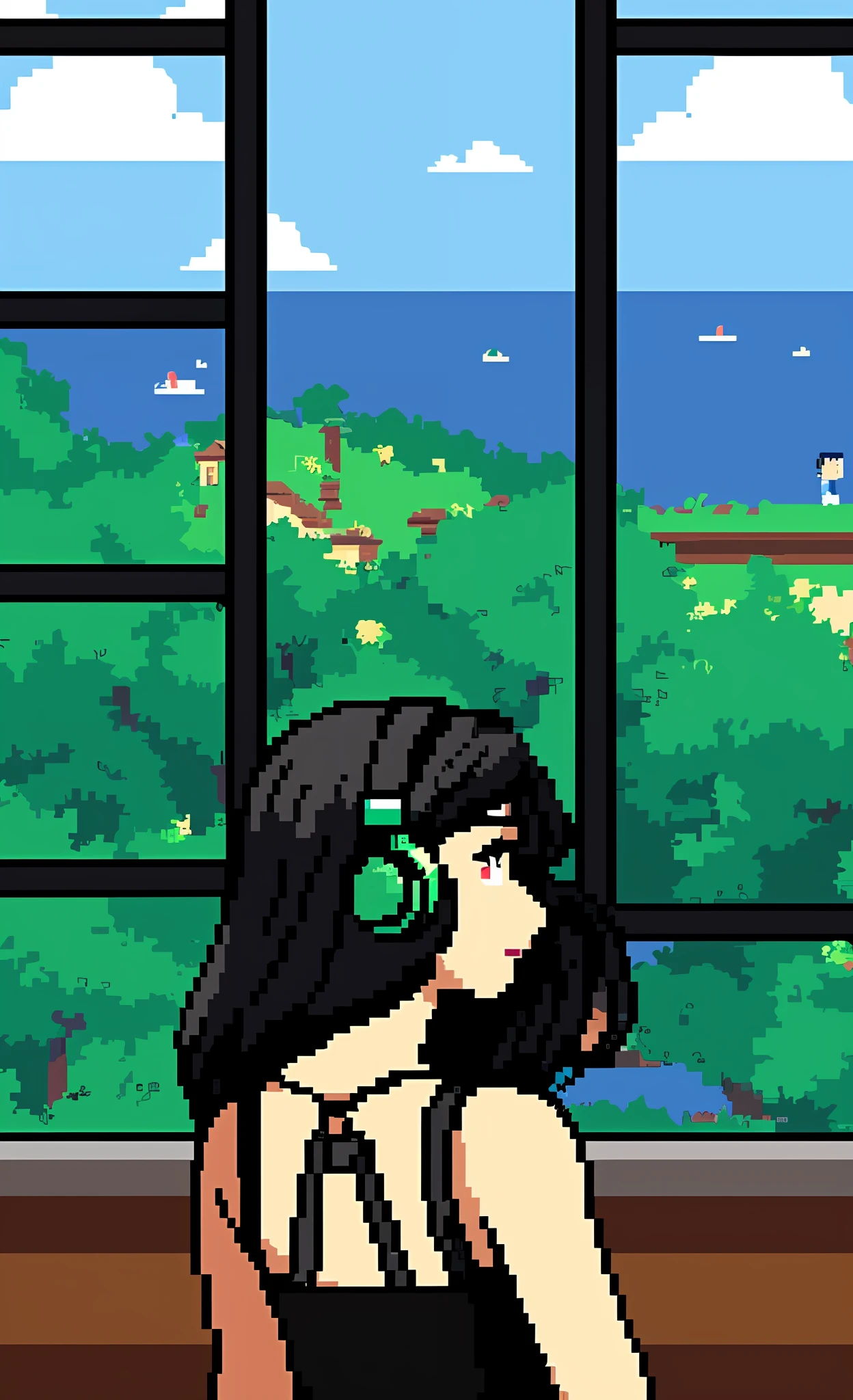 A woman with long hair wearing a black dress and black headphones looks at the scenery outside the floor-to-ceiling window with her back to the picture, Pixelart