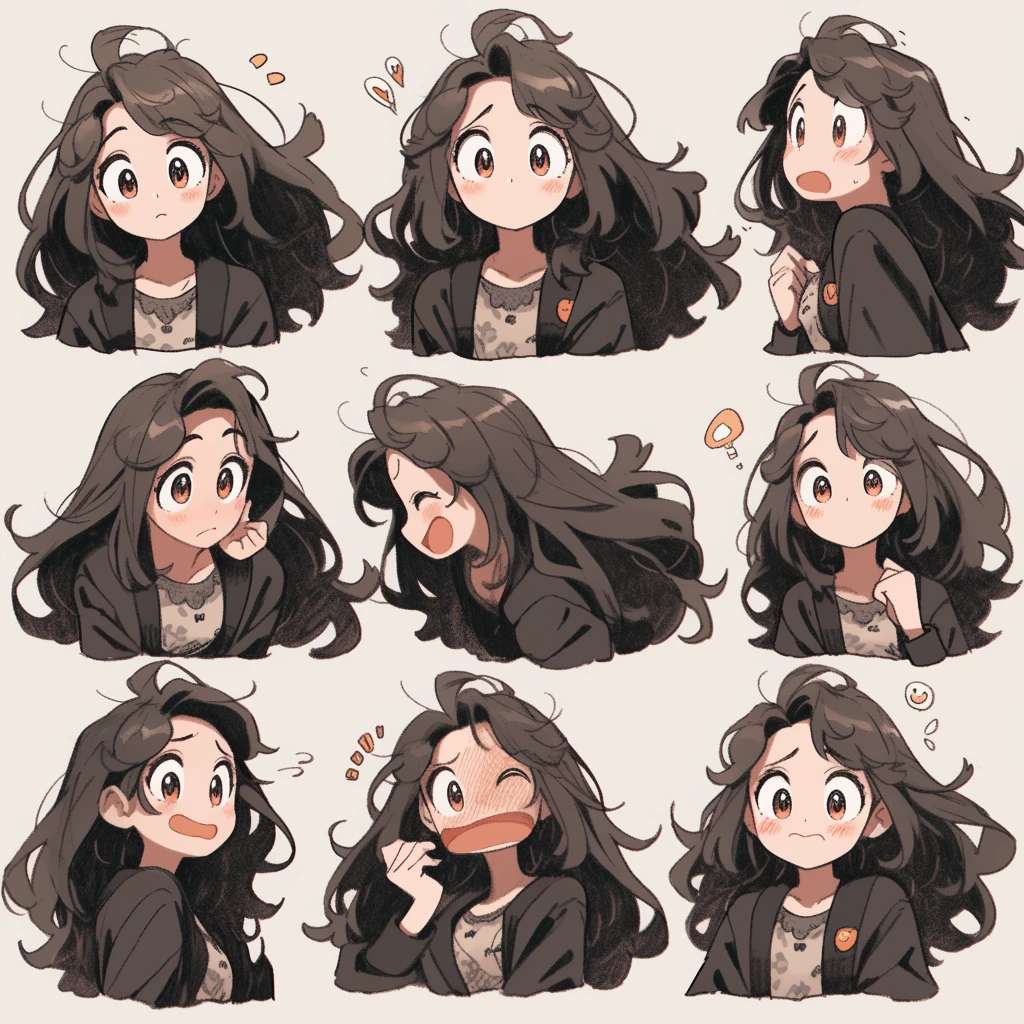 cute girl, emoji pack, 9 emoticons, emoji sheet, multiple poses and expressions, anthropomorphic style, Disney style, black strokes, different emotions,multiple poss and expressions, 8k --niji 5