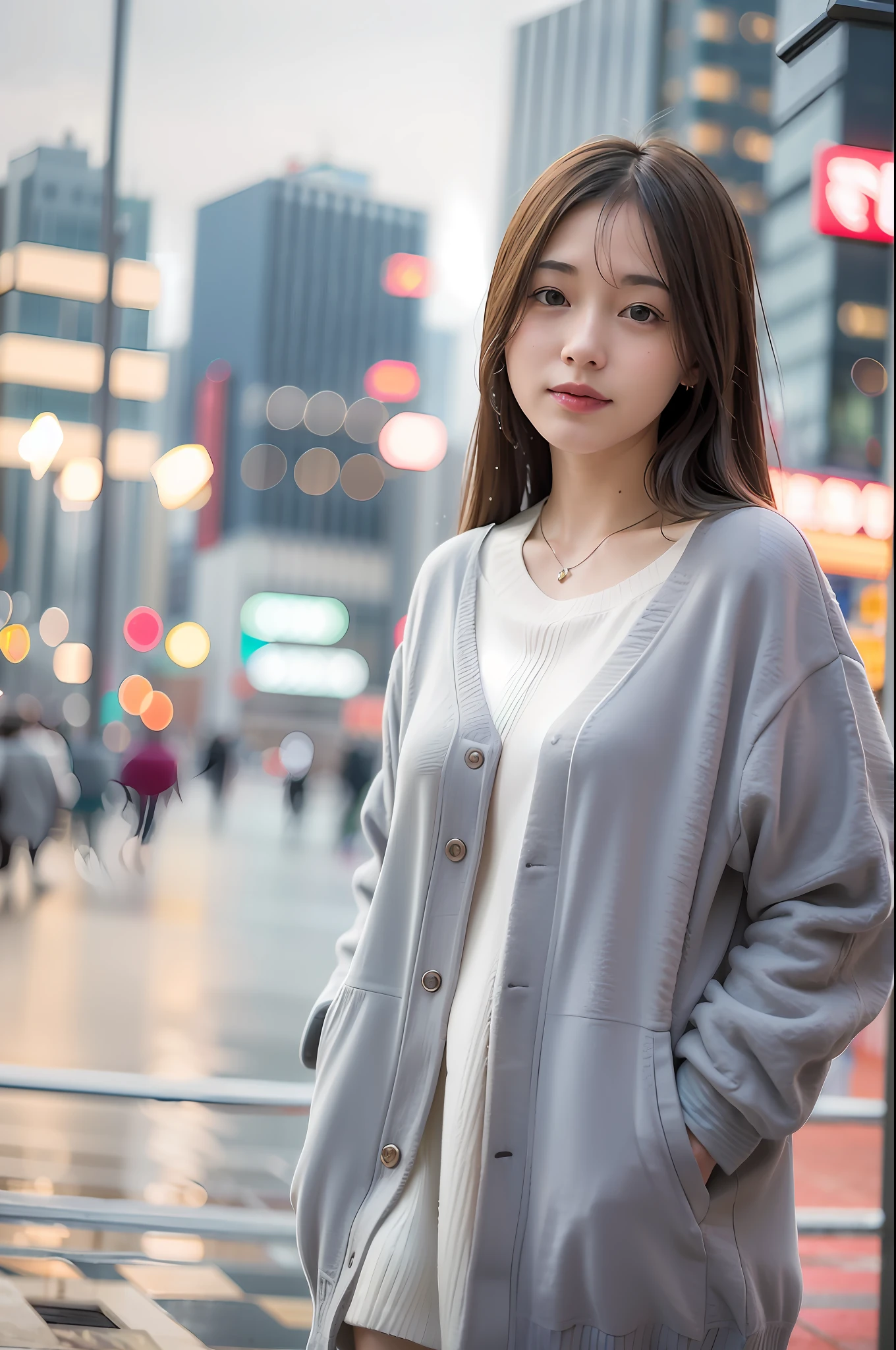 mix4, (8k, raw photography, top quality, masterpiece: 1.2), (realistic, photorealistic: 1.37), 1 girl, cute, cityscape, night, rain, wet, professional lighting, photon mapping, radiosity, physics-based rendering
