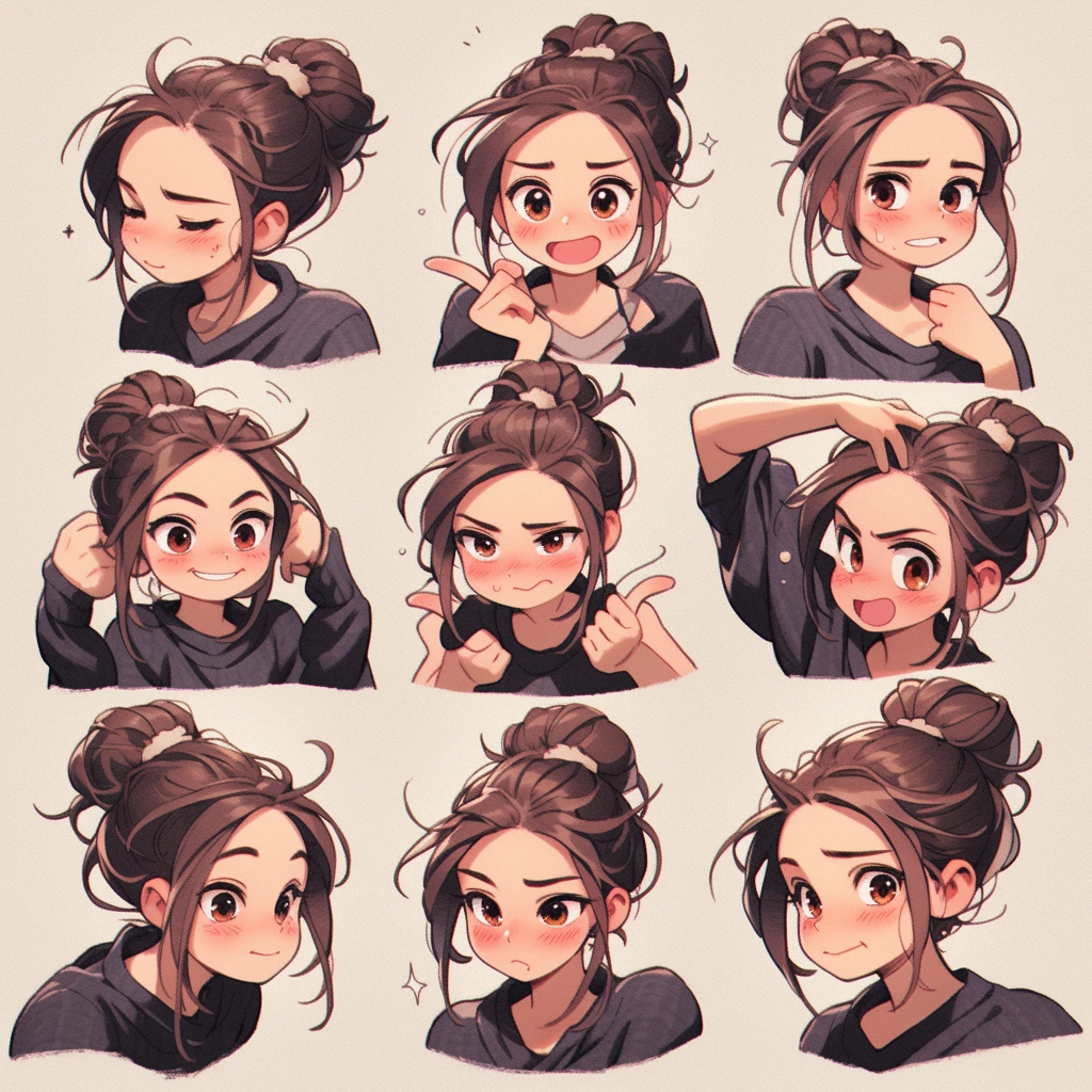 cute girl, emoji pack, 9 emoticons, emoji sheet, multiple poses and expressions, anthropomorphic style, Disney style, black strokes, different emotions,multiple poss and expressions, 8k --niji 5