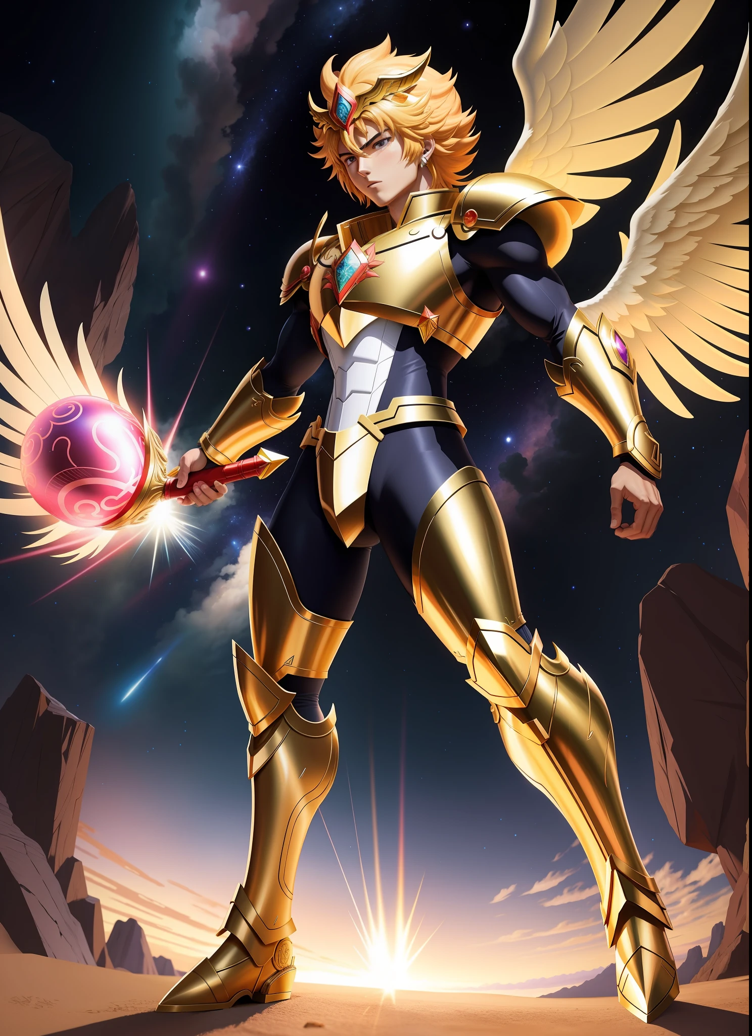 Draw Seiya in legendary Pegasus armor in an epic, vibrant scene, capturing intricate detail. Use the confident and determined stance of the anime, include Masami Kurumada's symbol, and mark Toei Animation for authenticity. True to the anime.