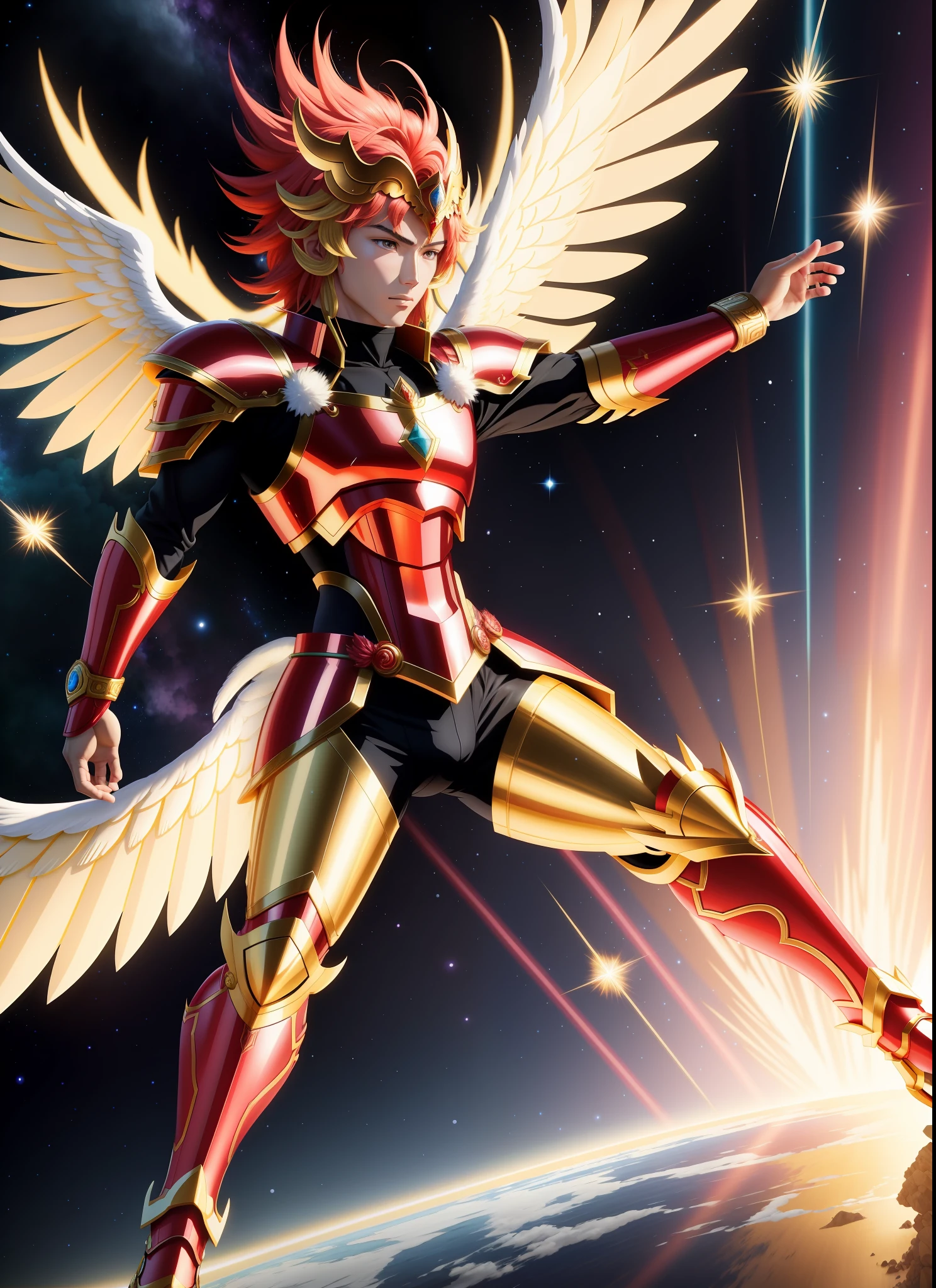 Draw Seiya in legendary Pegasus armor in an epic, vibrant scene, capturing intricate detail. Use the confident and determined stance of the anime, include Masami Kurumada's symbol, and mark Toei Animation for authenticity. True to the anime.