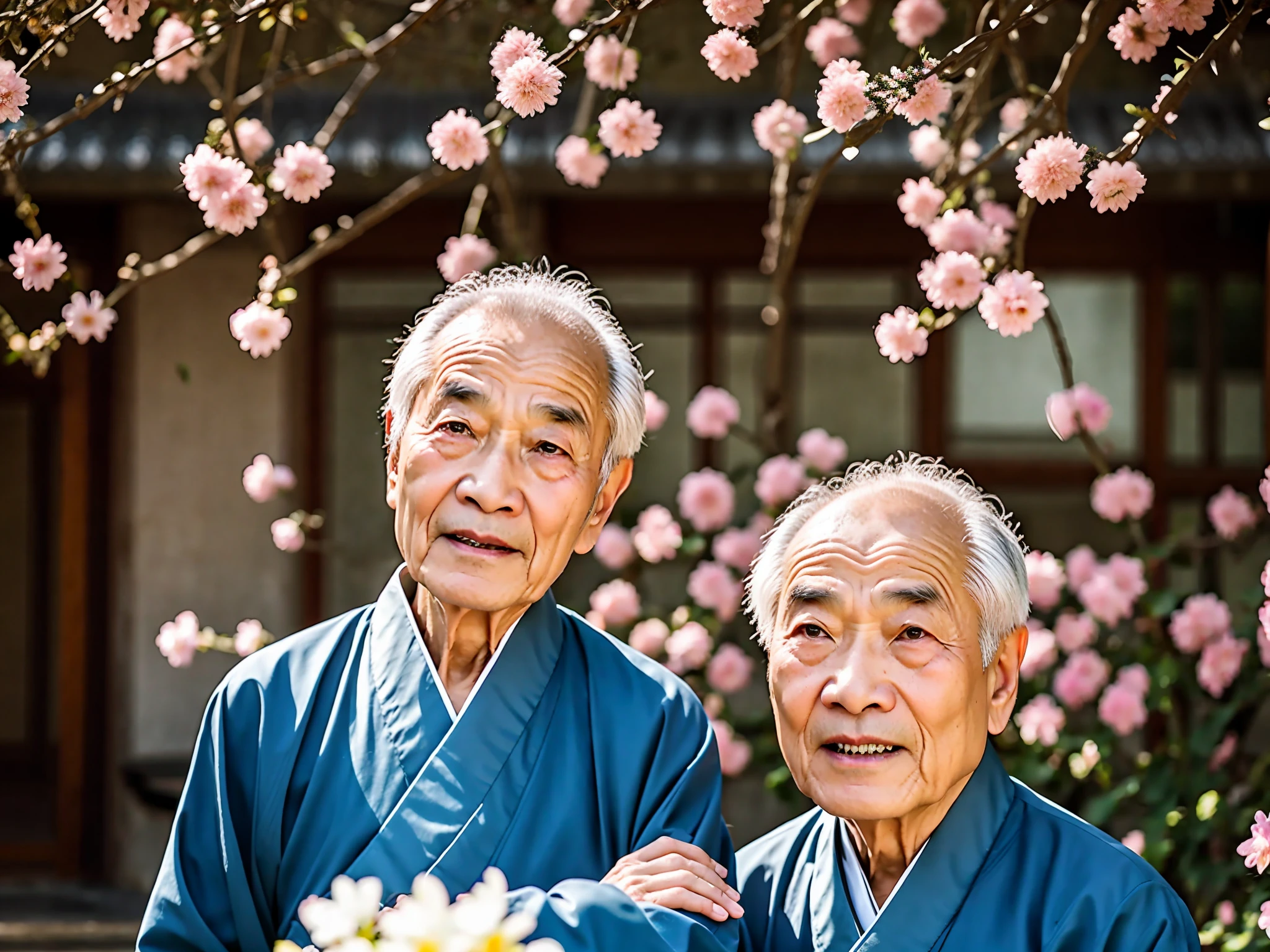they are sitting on a bench in a garden with flowers, 中 元 节, 千 葉 雄 大, he is about 7 0 years old, by Li Keran, he is about 8 0 years old, he is about 6 0 years old, he is about 60 years old, 8k))