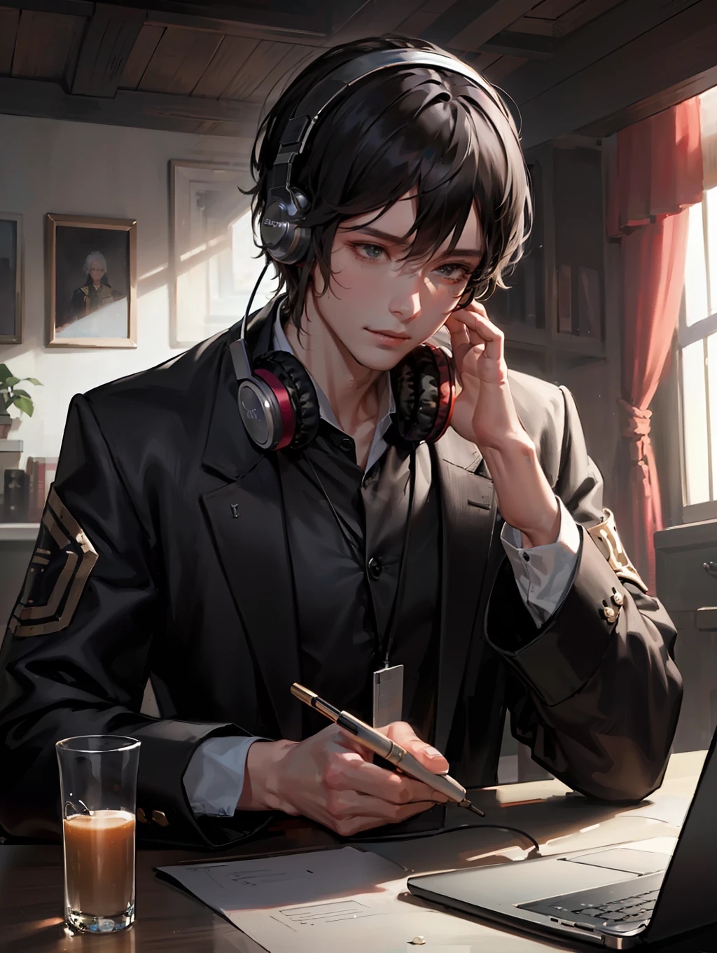 (A man: 1.5), expression joyful, facing the computer, with headphones, 8k, exquisite drawing style, details, super detailed, facial details delicate, simple clothing