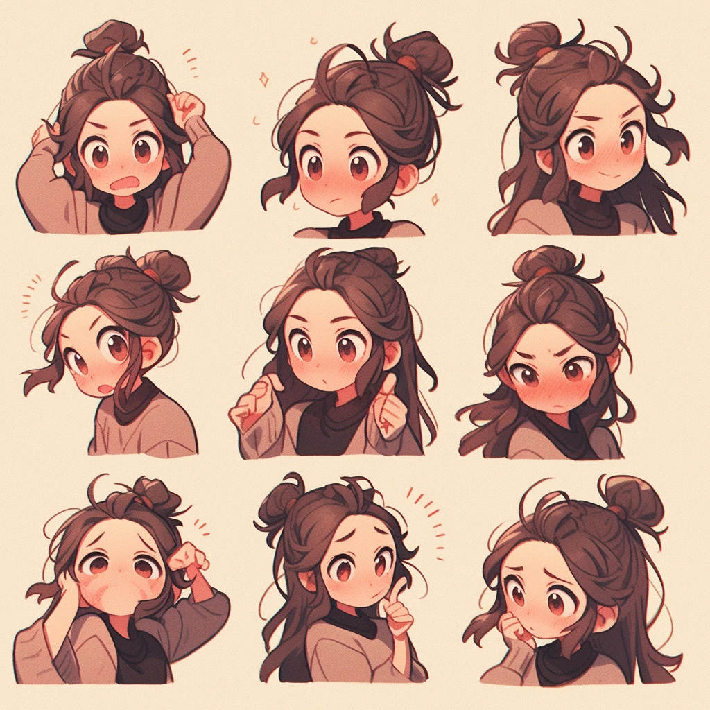 cute girl, emoji pack, 9 emoticons, emoji sheet, multiple poses and expressions, anthropomorphic style, Disney style, black strokes, different emotions,multiple poss and expressions, 8k --niji 5