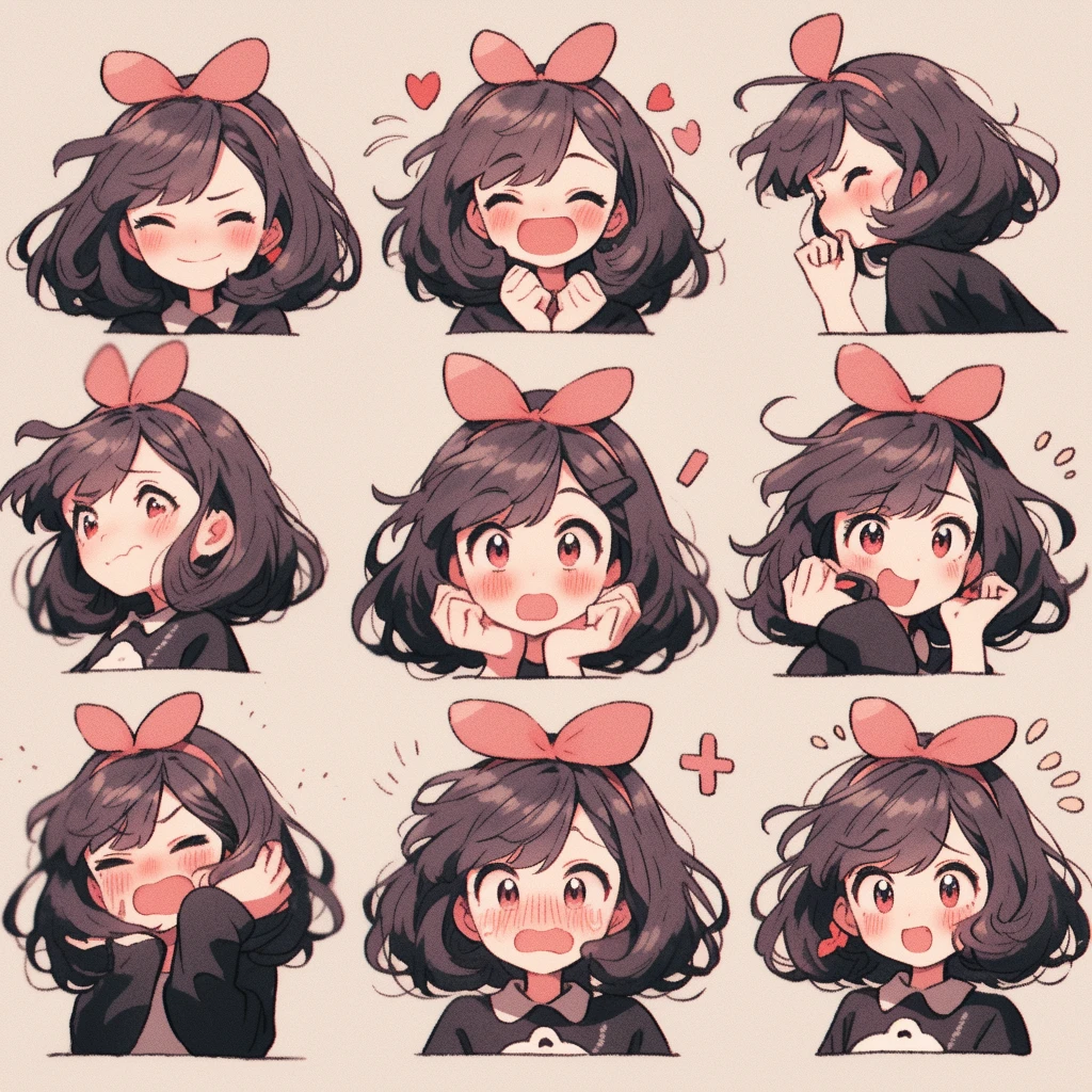 cute girl, emoji pack, 9 emoticons, emoji sheet, multiple poses and expressions, anthropomorphic style, Disney style, black strokes, different emotions,multiple poss and expressions, 8k --niji 5
