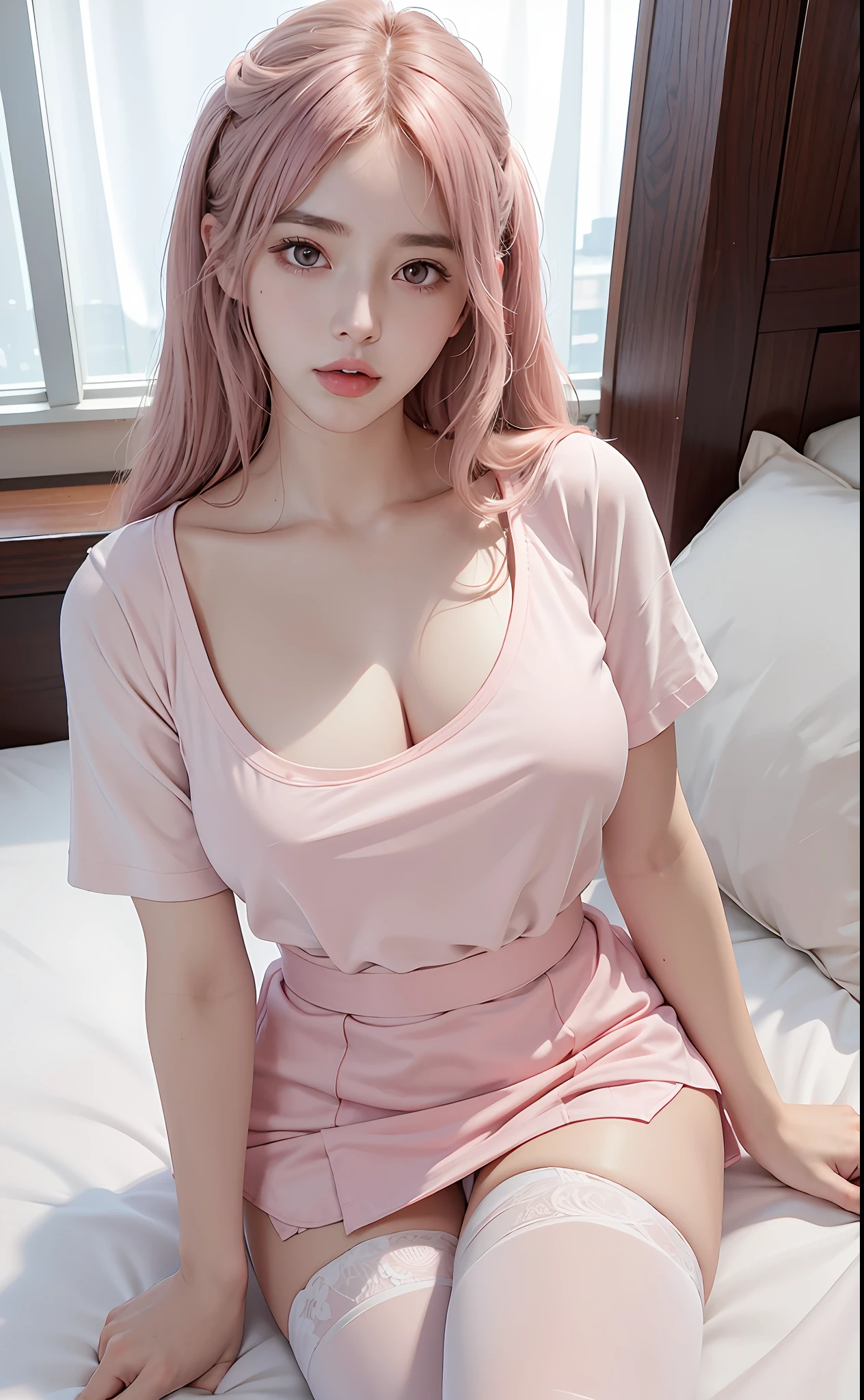 Realistic, high resolution, 1girl light pink wavy hair, Korean, pink eyes, thick eyebrows, small moles under the eyes, loose white big shirt, white short skirt, big breasts, small man's waist, thin thighs, white stockings, sitting on the bed
