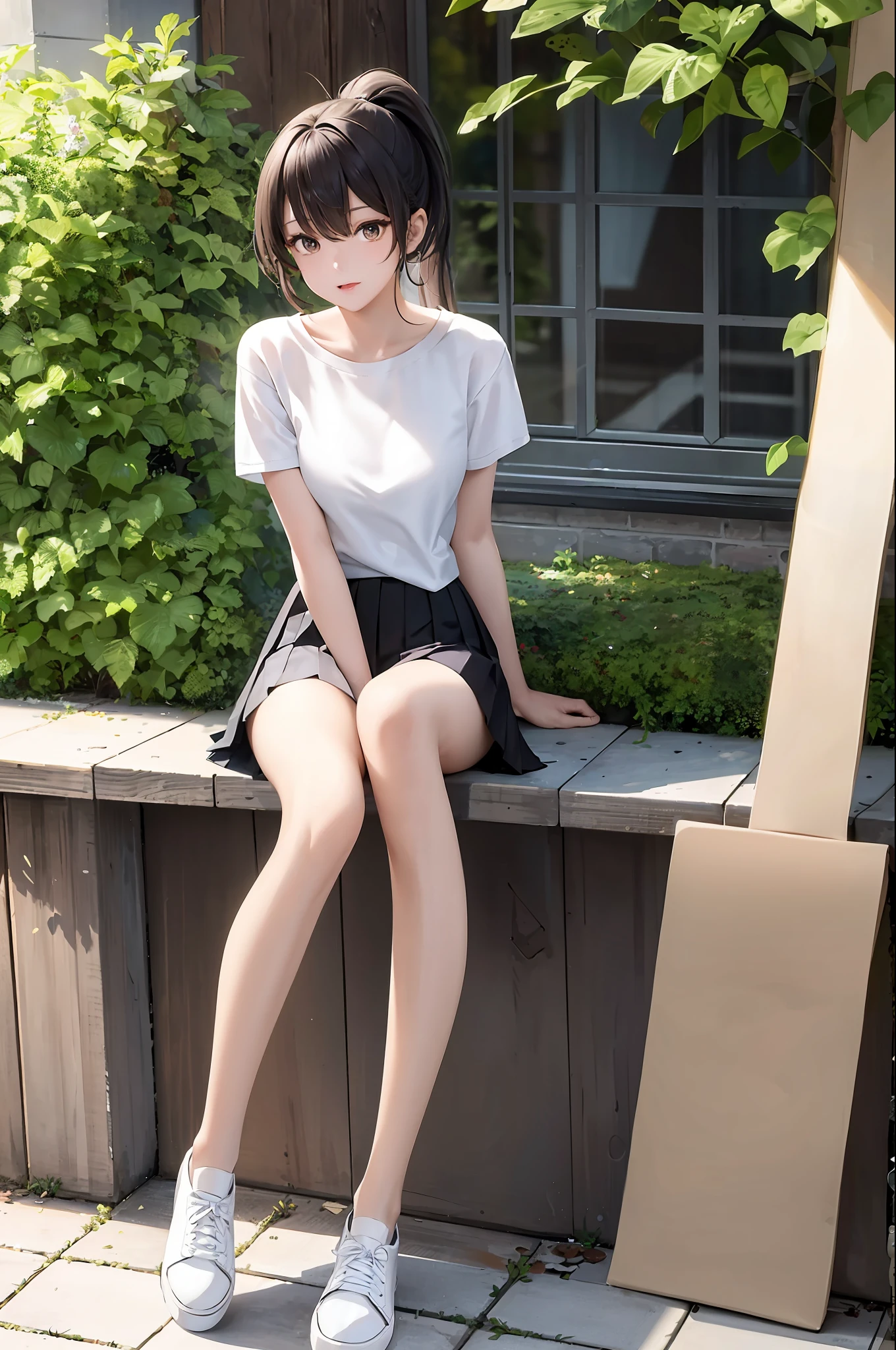 (Masterpiece, best quality: 1.2), (Ultra detailed), (illustration), a beautiful girl with long legs, long ponytail, white t-shirt on the upper body, pleated skirt at the bottom, long legs, canvas shoes