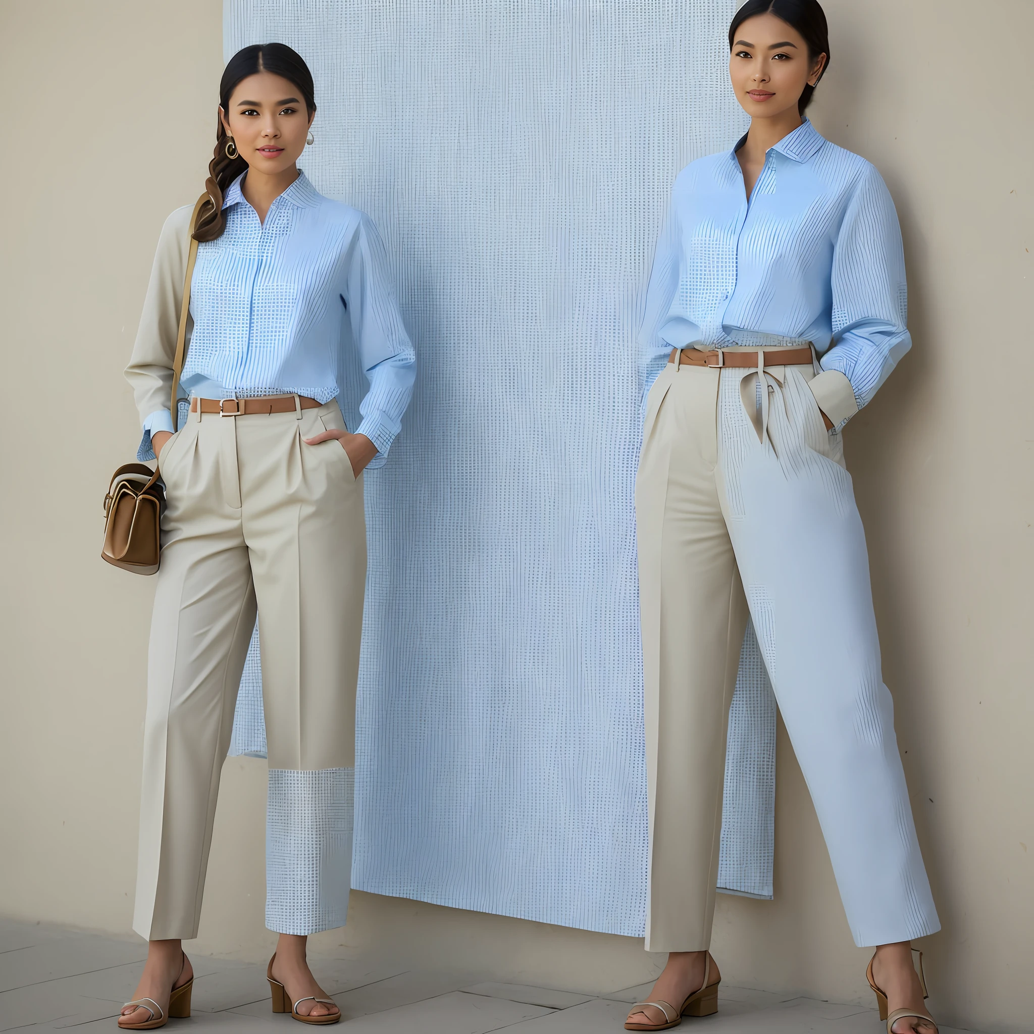 5. Elegant and informed: white printed shirt + beige trousers
Deep coffee and rice costumes are combined, and they have always been excellent tunes for women to grasp. But in men's wear, it can also show a warmer, cultural atmosphere. A patterned, light-blue long-sleeved shirt with a white background is weakly tied with an inner shore collar that can be loosened or tightened in front of it, which perfectly matches the clean, bright beige trousers. Please take full-body photos, look at the camera, 8K HD with DSLR, high resolution, realistic feel and shallow depth of field (0.8).