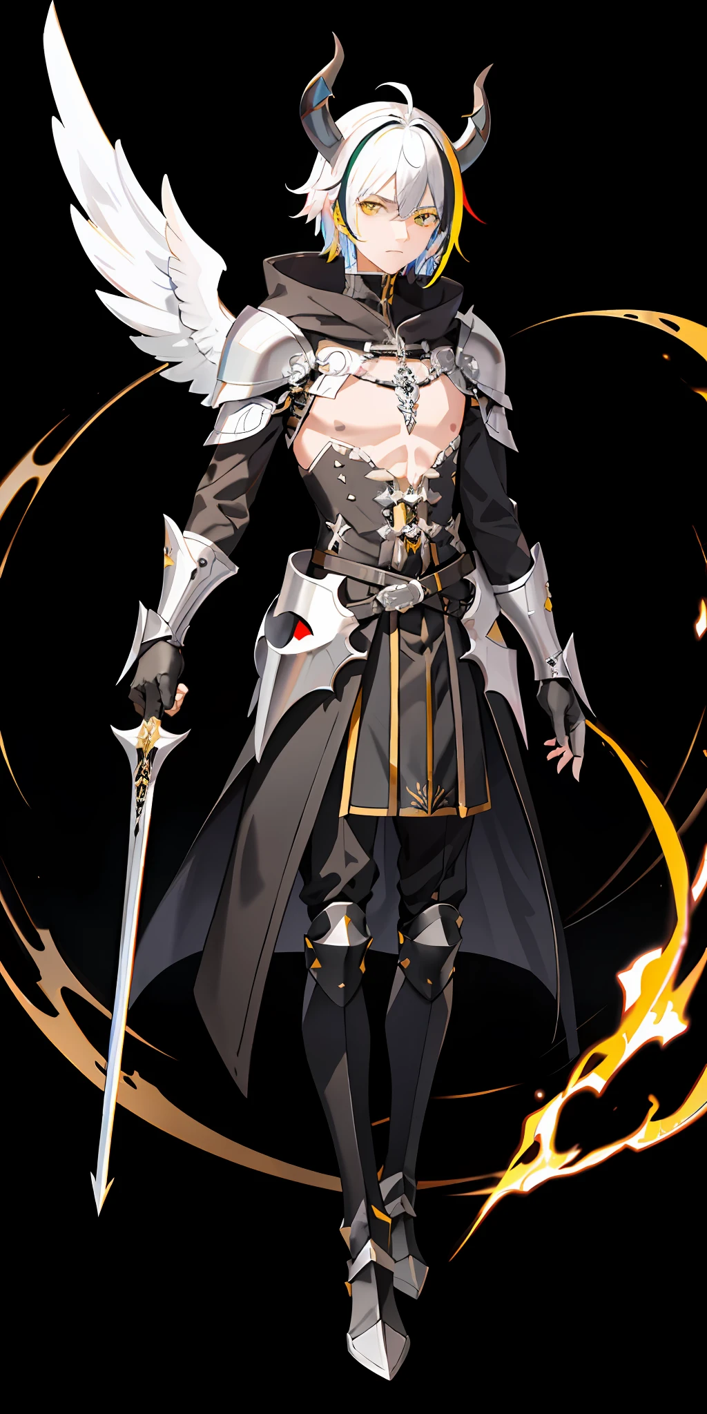 1 man,black and white hair,devil horn,angel wing, medieval armor combine with hoodie,bring a black sword,authoritative pose, yellow sapphire eyes,on the crown,black hole background,multicolored hair(white,black),Skull mask,hand armor,shoulder armor,villain aura,chest armor with red straight