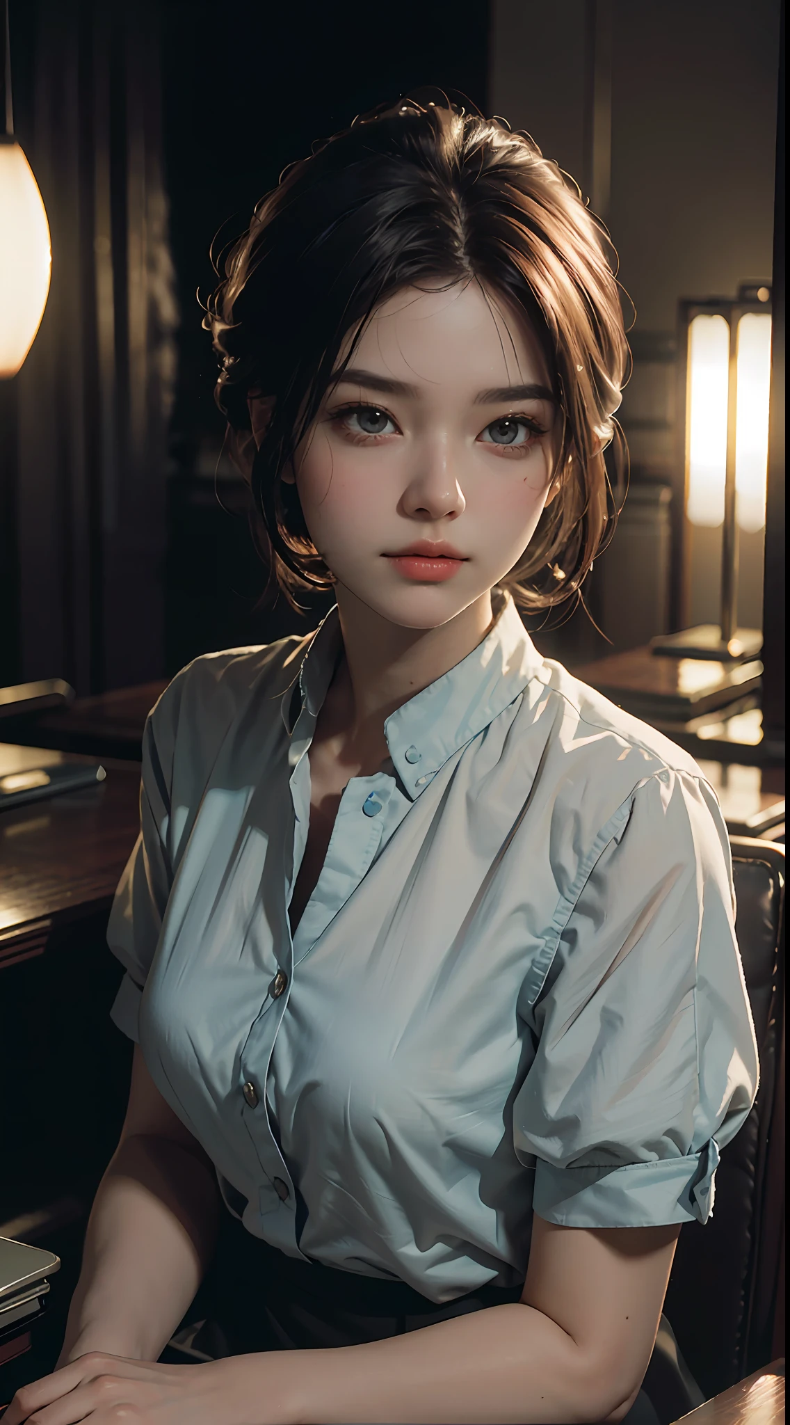 Best Quality, Masterpiece, Ultra High Resolution, (Realisticity: 1.4), Original Photo, 1Girl, Mature, Bank Clerk, Film Lighting