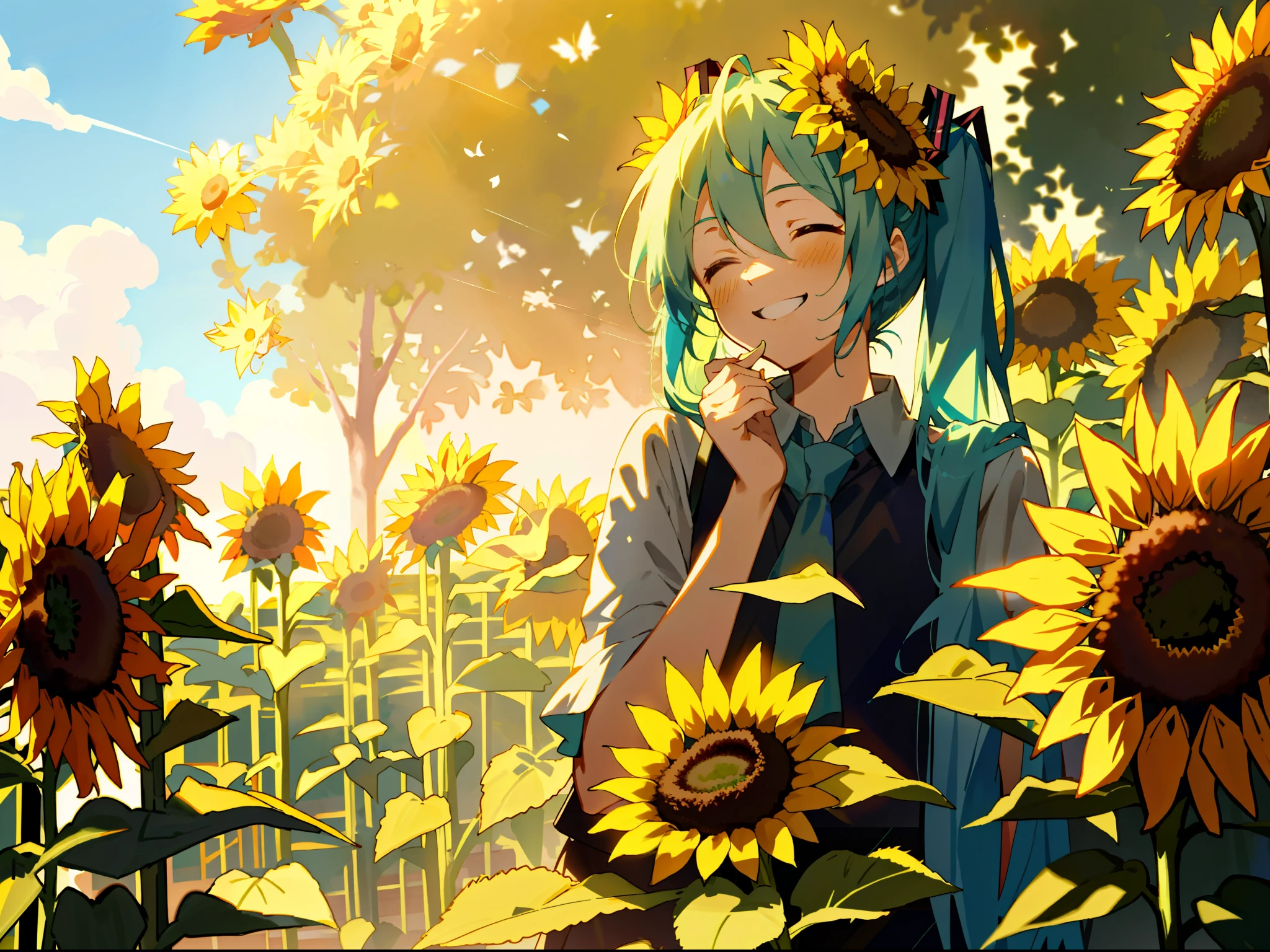 Hatsune Miku, Sunshine, Garden, (Delicate Face) (Delicate Hair), Dramatic Light, Dramatic Shadow, Ray Tracing, Cheerful, Laughing, Holding Sunflower, Warm Atmosphere, Side Face, Garland on Head