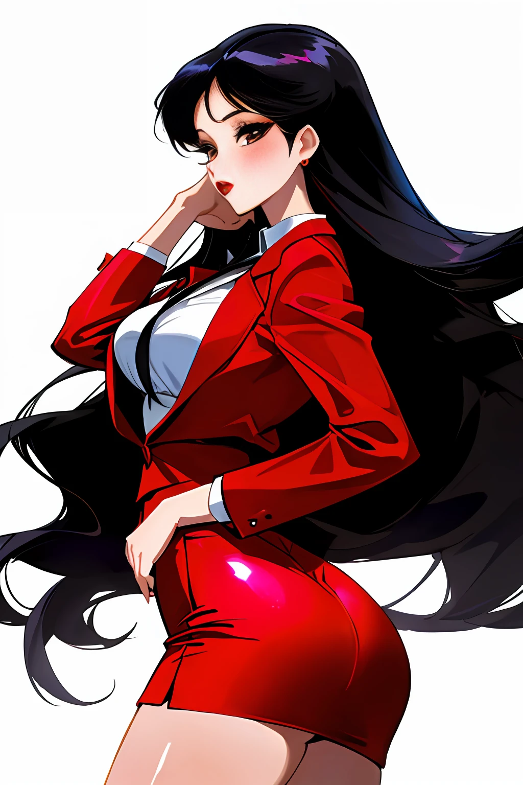 Portrait of a beautiful woman in a business suit, (Rei Hino), red jacket, tight skirt, (masterpiece), (highest quality), (super detailed), (white background: 1.3), blush, one girl, (shiny skin: 1.2), makeup, ((black long straight hair)), (eyelashes :1.1), red lips, broad shoulders, (mid-chest: 1.1), (cleavage: 1.1), (big buttocks: 1.2), thighs,