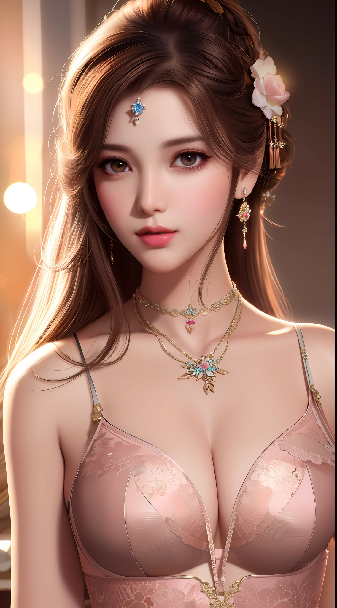 best quality, masterpiece, highres, 1girl, lingerie china dress, hair ornament, necklace, jewelry, Beautiful face, upon_body, tyndall effect, photorealistic, dark studio, rim lighting, two tone lighting, (high detailed skin:1.2), 8k uhd, dslr, soft lighting, high quality, volumetric lighting, candid, Photograph, high resolution, 4k, 8k, Bokeh, light brown hair color, medium breasts, light pink lips, the color of the clothes is different from the color of the hair,