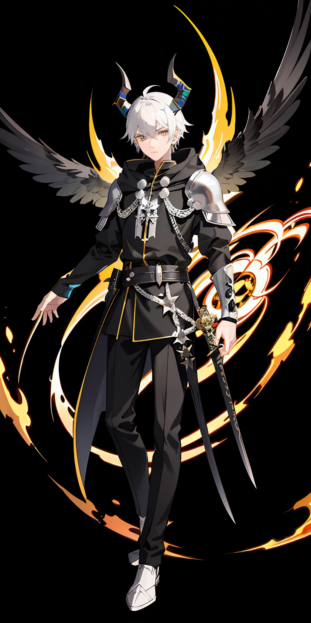 1 man,black and white hair,devil horn,angel wing, medieval armor combine with hoodie,bring a black sword,authoritative pose, yellow sapphire eyes,on the crown,black hole background,multicolored hair(white,black),Skull mask,hand armor,pointed shoulder armor,villain aura,chest armor,