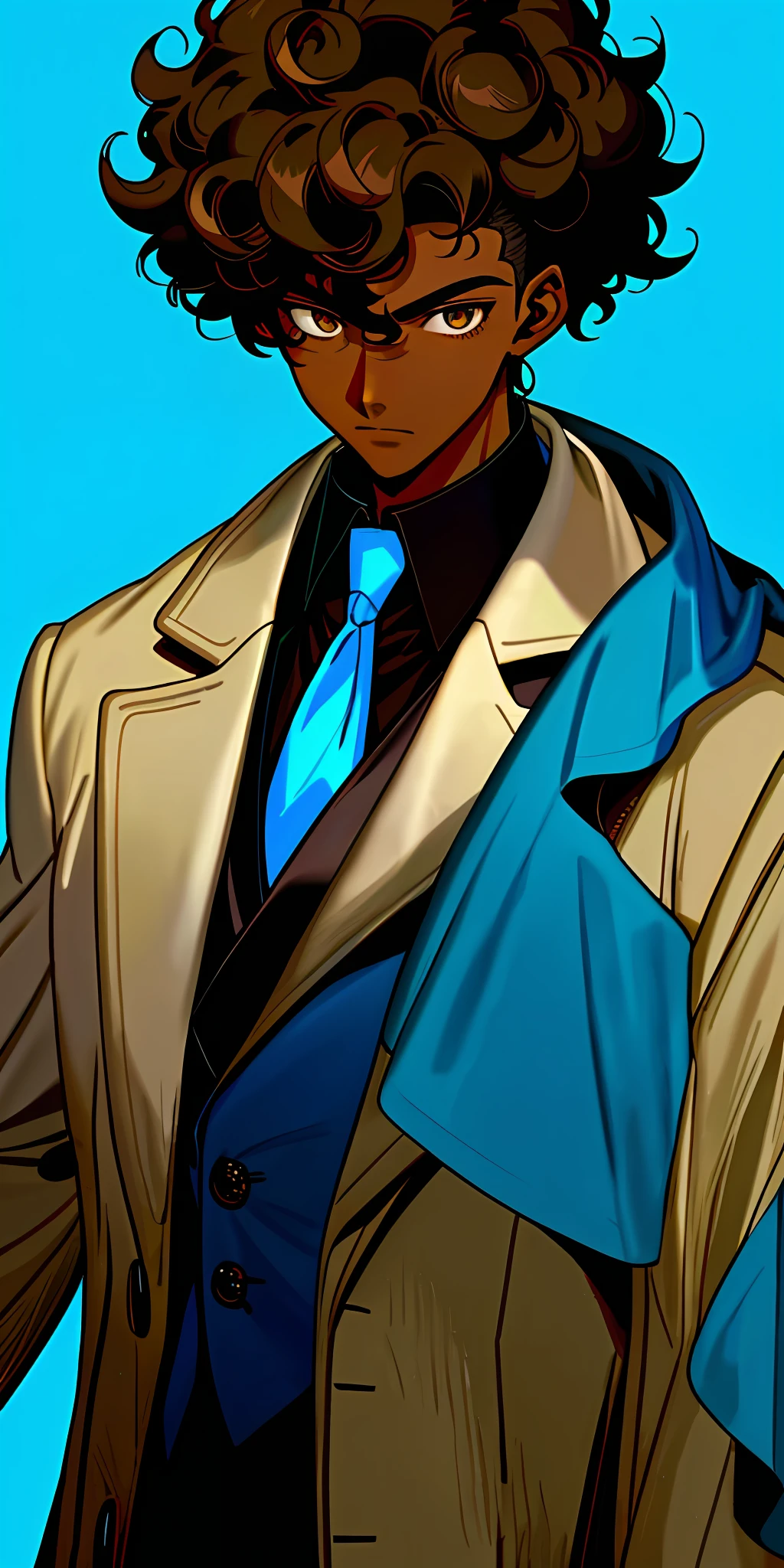 1boy, dark skin, short curly hair, shaved side, coat, brown eye, blue background
