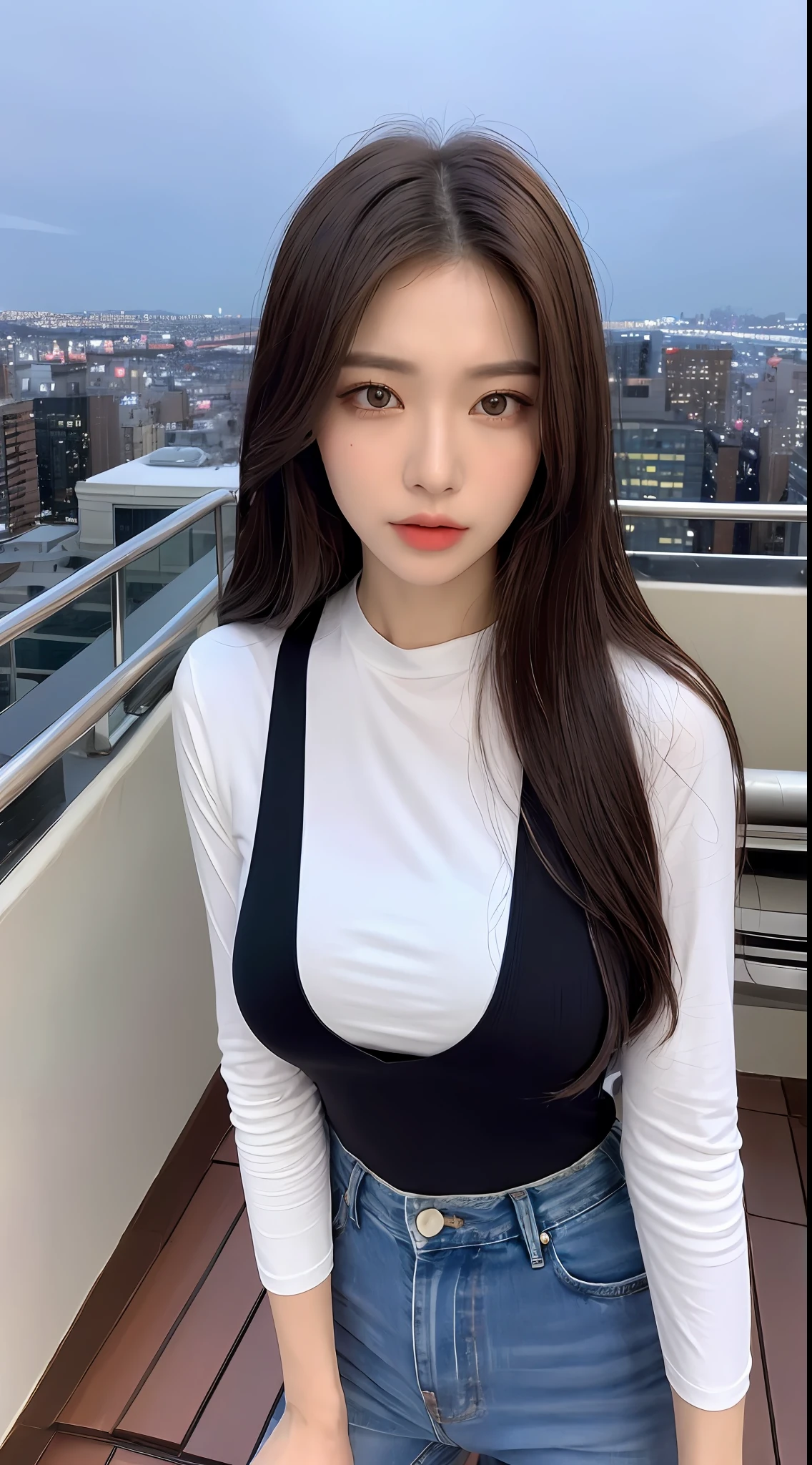 ((Midnight, Best quality, 8k, Masterpiece :1.3)), Whole body, Long legs, Sharp focus :1.2, A pretty woman with perfect figure :1.4, Slender abs :1.1, ((Dark brown hair,Gigantic breasts :1.2)), (White tight tshirt, Jean bib, Standing:1.2), ((Night city view, Rooftop:1.3)), Highly detailed face and skin texture, Detailed eyes, Double eyelid