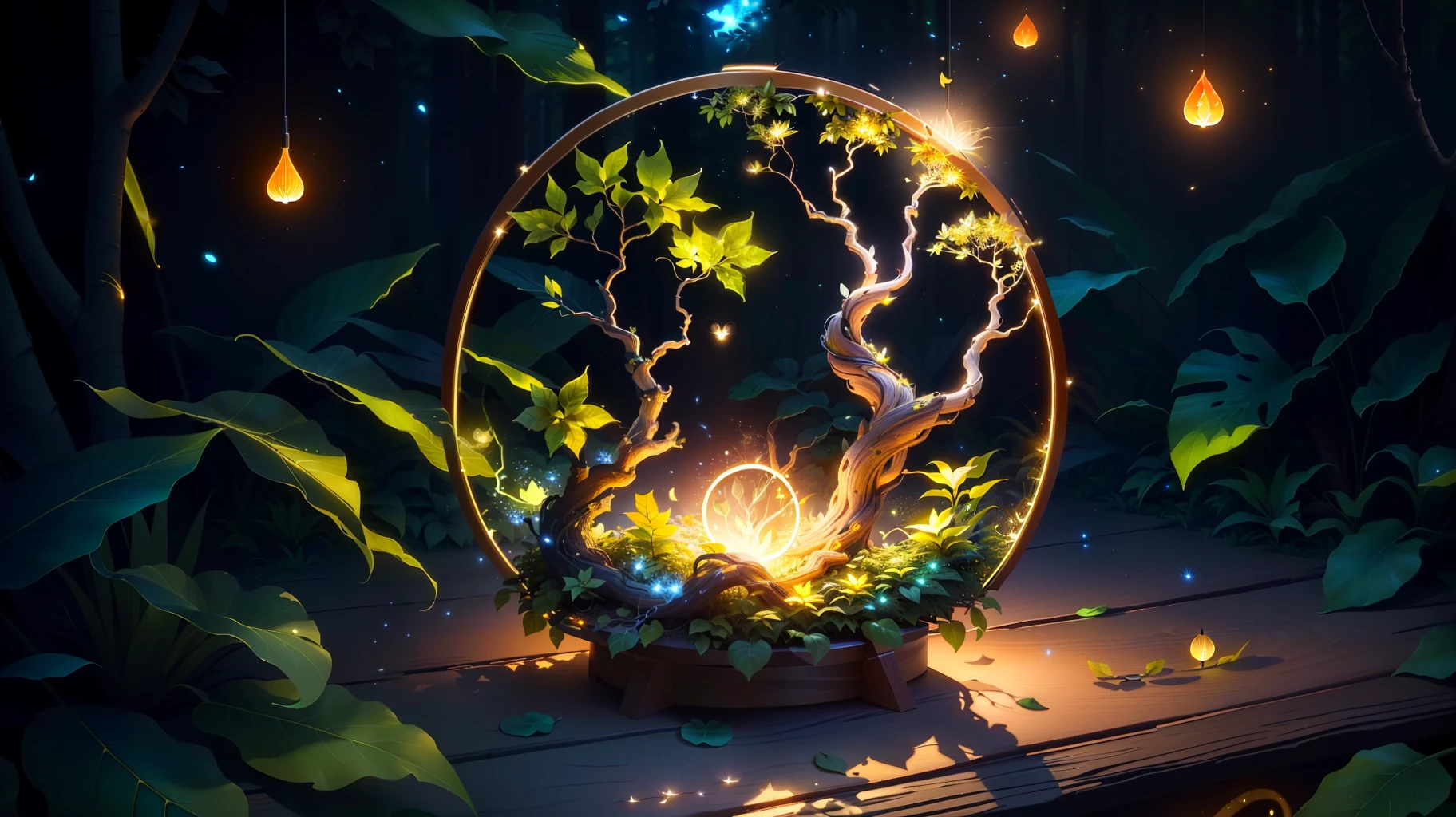 Masterpiece, best quality, (ultra-fine CG unity 8k wallpaper), (best quality), (best shadow), UI interface framework design uses natural elements of a jungle theme. The avatar frame is designed in a circle, surrounded by delicate leaves and branches, and there are also fireflies and glowing particle effects, (UI interface frame design), (natural elements), (jungle theme), (round shape), (leaves), (branches), (fireflies), (glow), (particle effects). , isometric 3d, octane rendering, ray tracing, super detailed