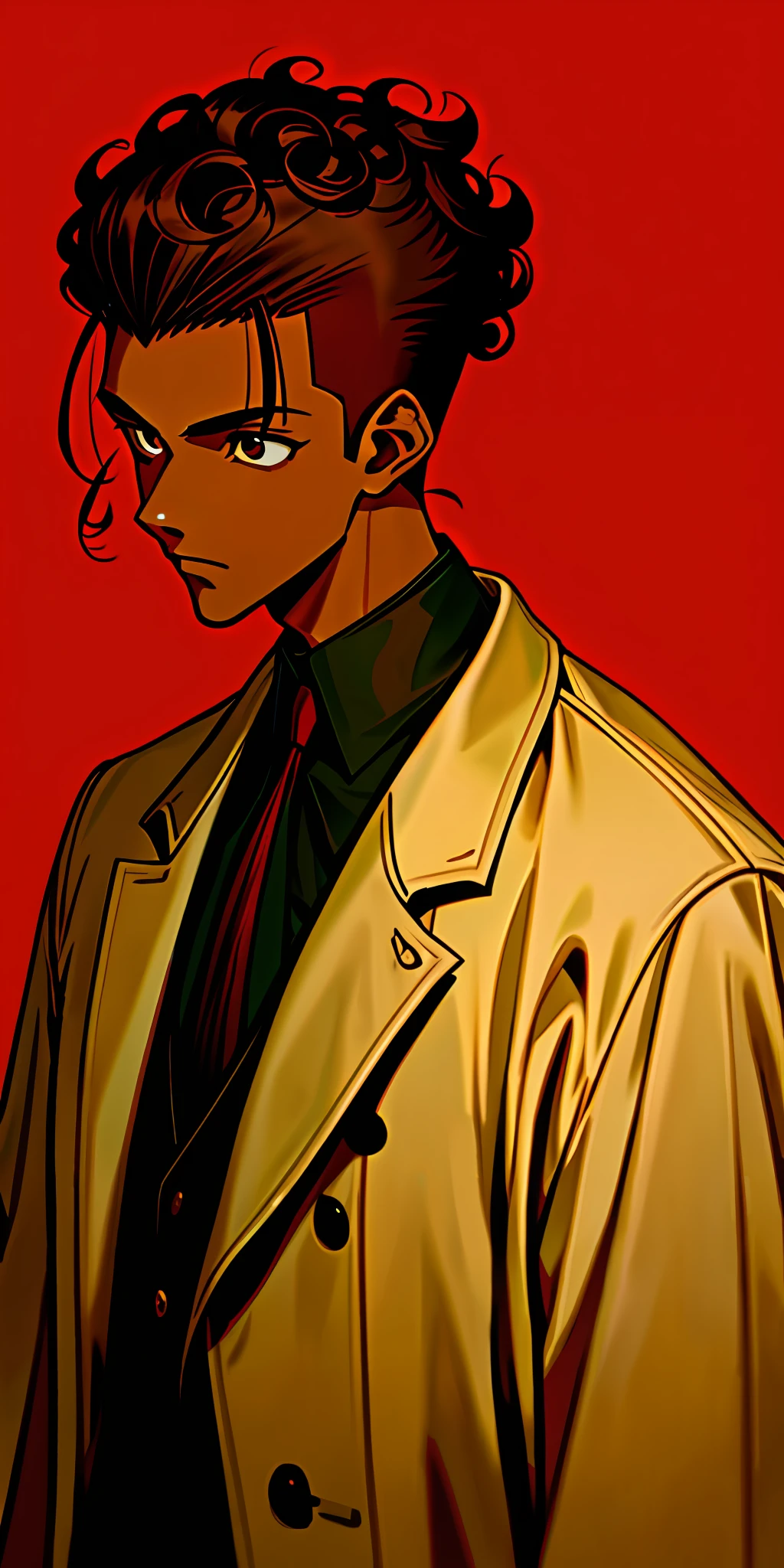 1boy, dark skin, short curly hair, shaved side, coat, brown eye, red background