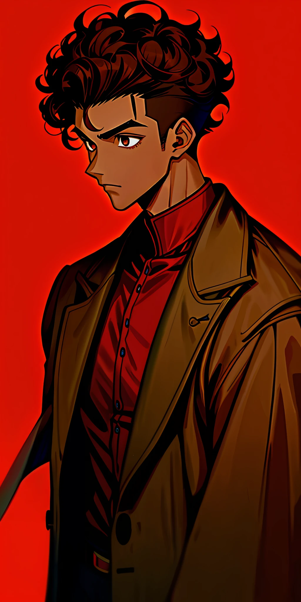 1boy, dark skin, short curly hair, shaved side, coat, brown eye, red background