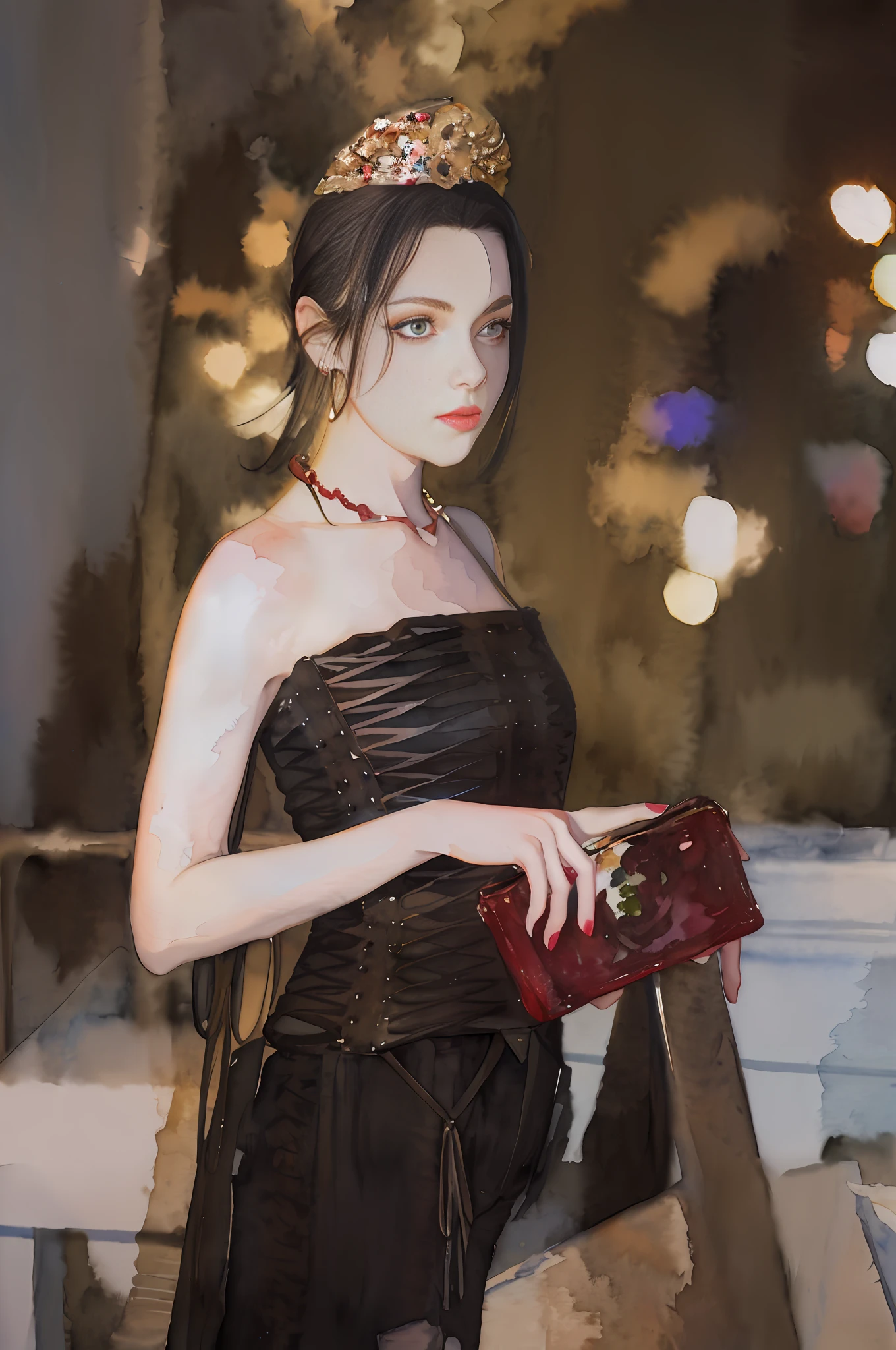 (masterpiece:1.2, best quality), (watercolor:1.3), 1lady, solo, upper body, big tits, Dark skinny jeans, oversized sweater, ankle boots, Loose waves, simple hoop earrings,