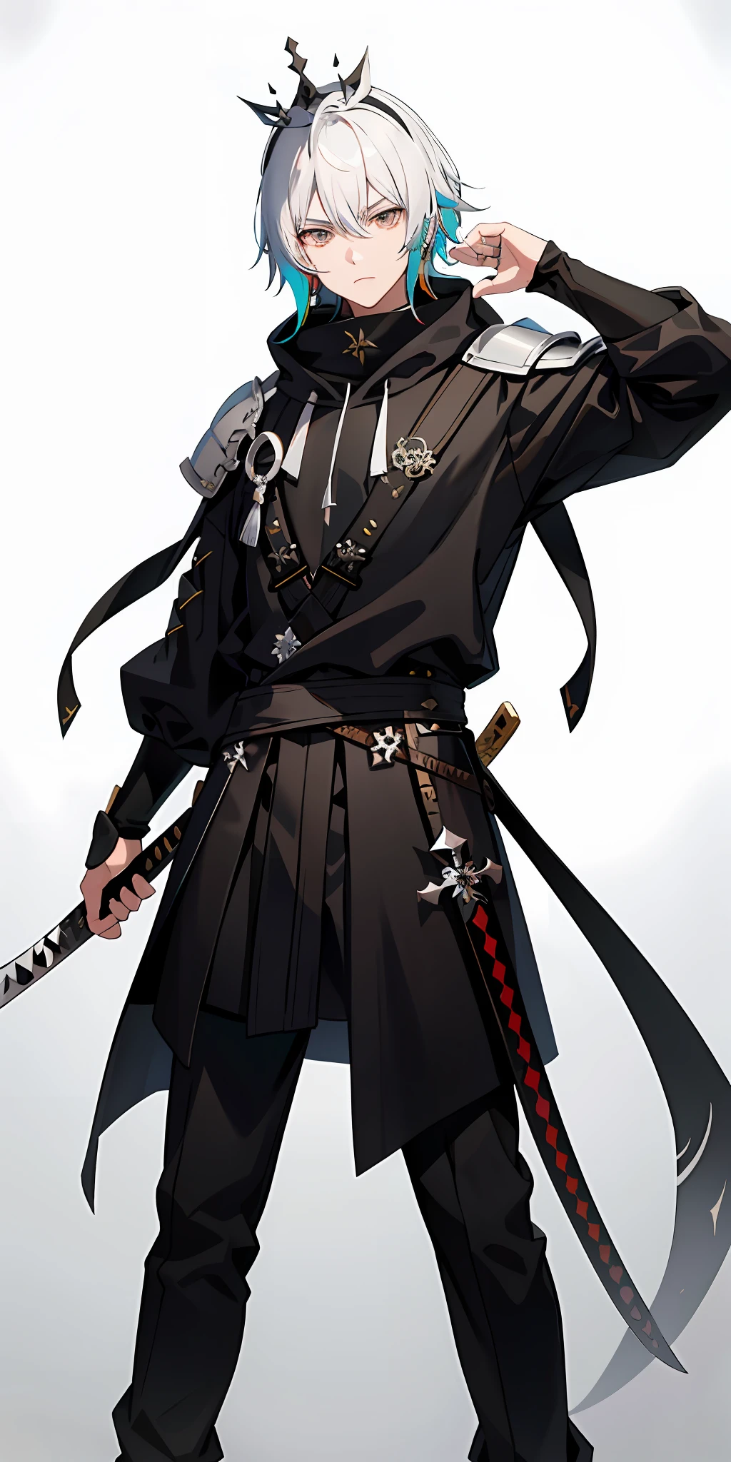 1 man,white hair, multicolored hair, medieval armor combine with hoodie,wear a black mask,bring a black katana, brown eyes, authoritative pose,on the crown,shoulder armor,hand armor,villain aura