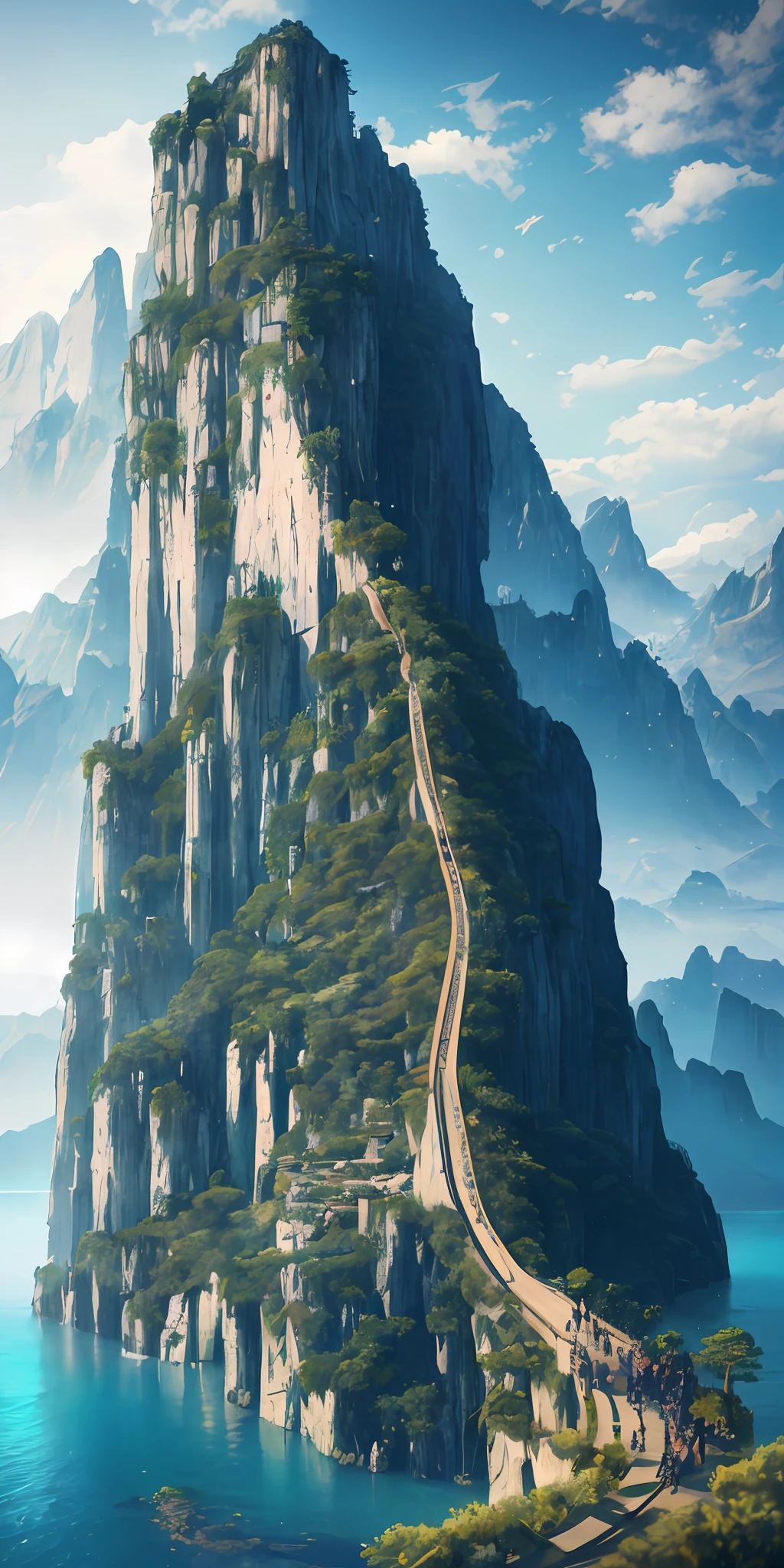 Masterpiece, best quality, high quality, extremely detailed CG unity 8k wallpaper, landscape, outdoor, sky, cloud, sky, no humans, mountain, landscape, water, tree, blue sky, waterfall, cliff, nature, lake, river , cloudy skies, award winning photography, bokeh, depth of field, HDR, bloom, chromatic aberration, photorealism, very detailed, trending on artstation, trending on CGsociety, intricate, high detail, dramatic, midjourney art