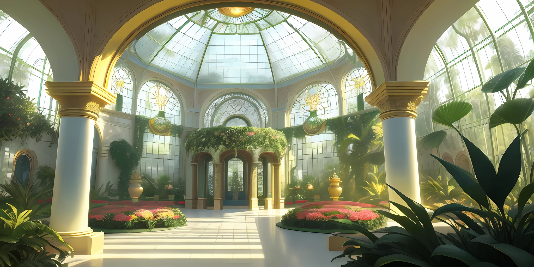 Large greenhouse, round flowerbeds, trees, vines, orchids, bromeliads, palm trees, large ornate glass windows, ornaments, golden, many plants, modern lamp, tropical plants, marble walls, dynamic light, 8K, masterpiece, ultra detailed, beautiful.