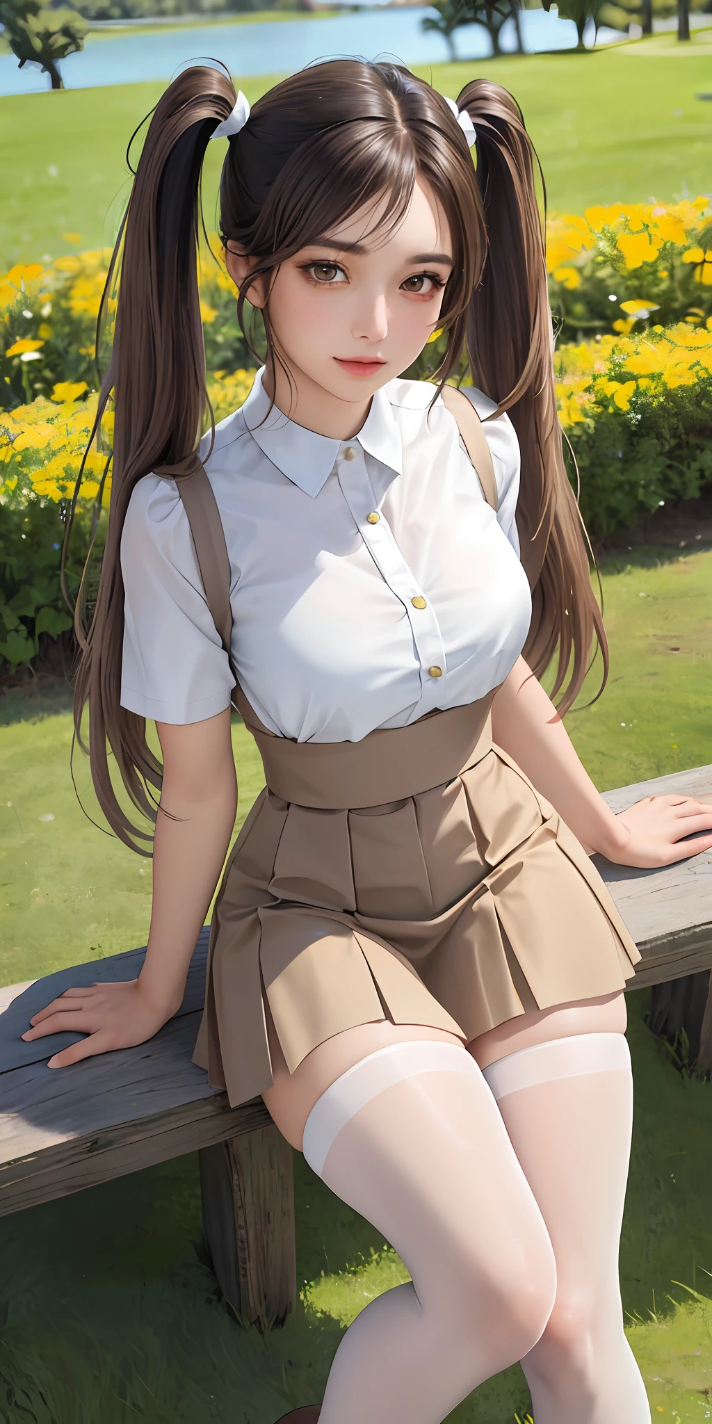 RAW, 1girl, pure eros face, solo, colorful, (masterpiece, best quality: 1.3), (absurdity: 1.3), (realistic: 1.3), (detailed skin: 1.3, detailed face: 1.3), standing, beautiful face, beautiful eyes, looking at the audience, sharp focus, delicate, (beautiful cute_girl:1.3), curvy, (room, narrow: 1.1, thick thighs: 1.2, ), long eyelashes, (shiny skin), light smile, (brown_twintails:1.3), (big_eyes:1.2, brown_eyes), (brown_gloss_eyeshadow:1.2), pink_lips, White frilled shirt, beige_suspender skirt / black_pantyhose, willow, wooden stool, garden, green grass, small lake, (clear sky:1.3), (sunlight: 0.5),
