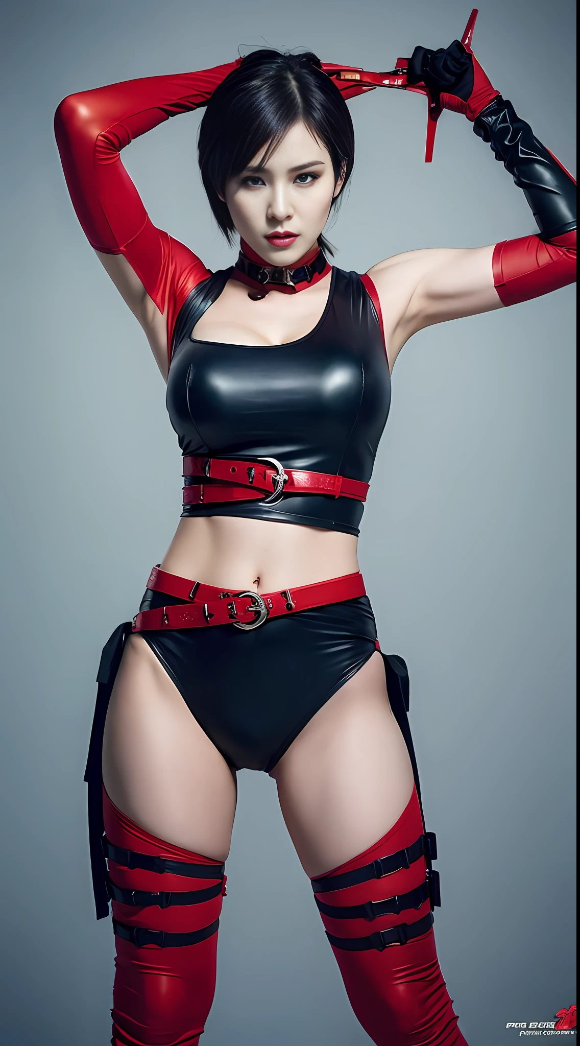 ada wong, big boobs, spiderman outfit, torn outfit, model pose, body cuts, face cut, blood in the body, black gloves, holding a taurus revolver, black belt with a grenade