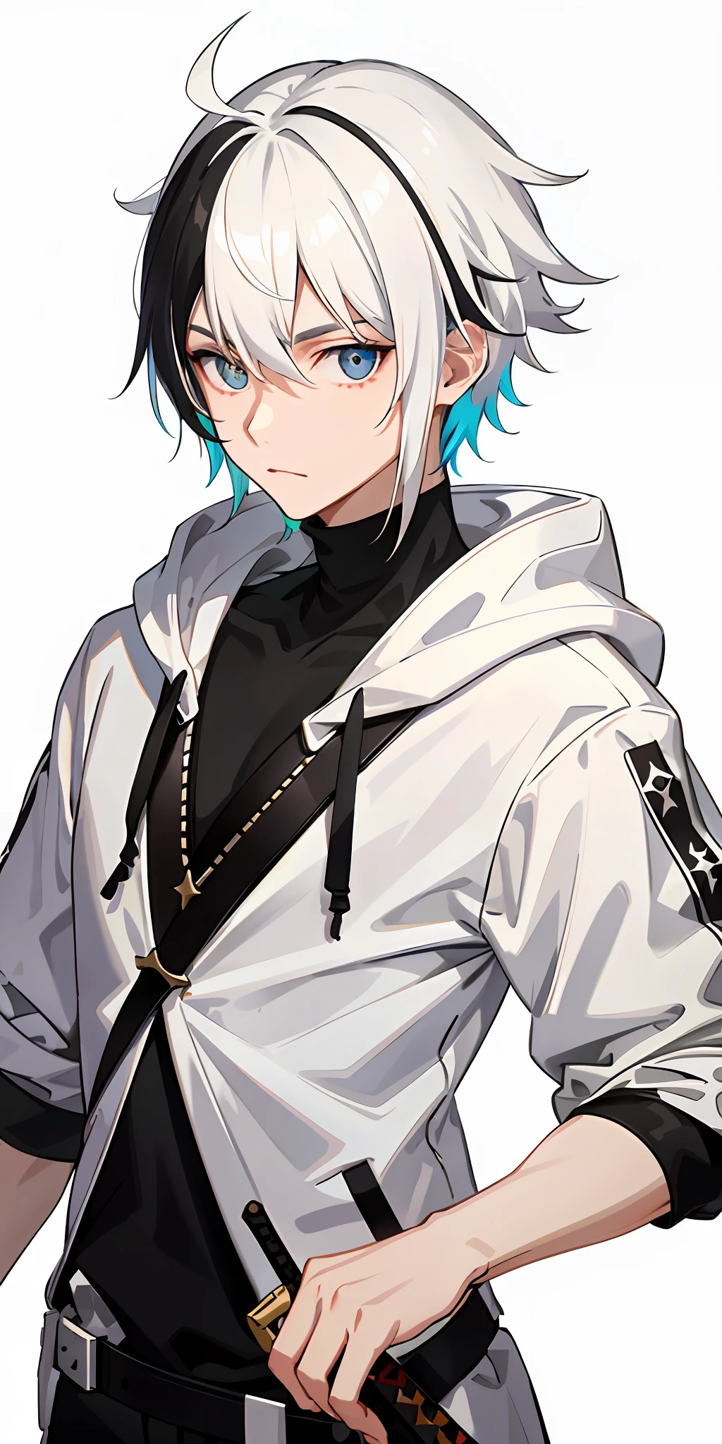 1 man,white hair, multicolored hair,black and white hoodie, friendly face,bring a long sword, brown detailed eyes, crooked pose,on the class,shoulder armor,hand armor, positive aura