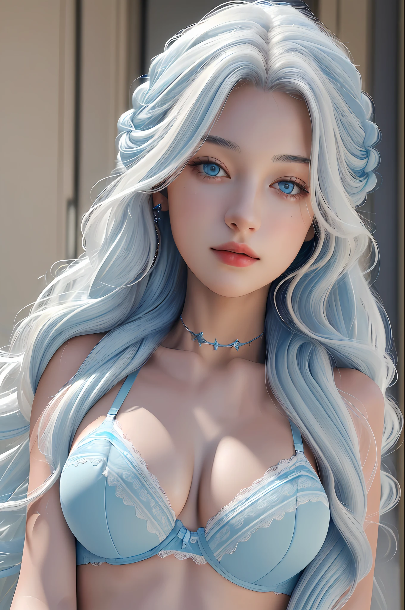 (masterpiece, best quality, photorealistic, ultra high res, 8K raw photo:1.2)
3girls, Caucasian woman, wearing bra, wavy braided hair, long hair, white and blue hair
