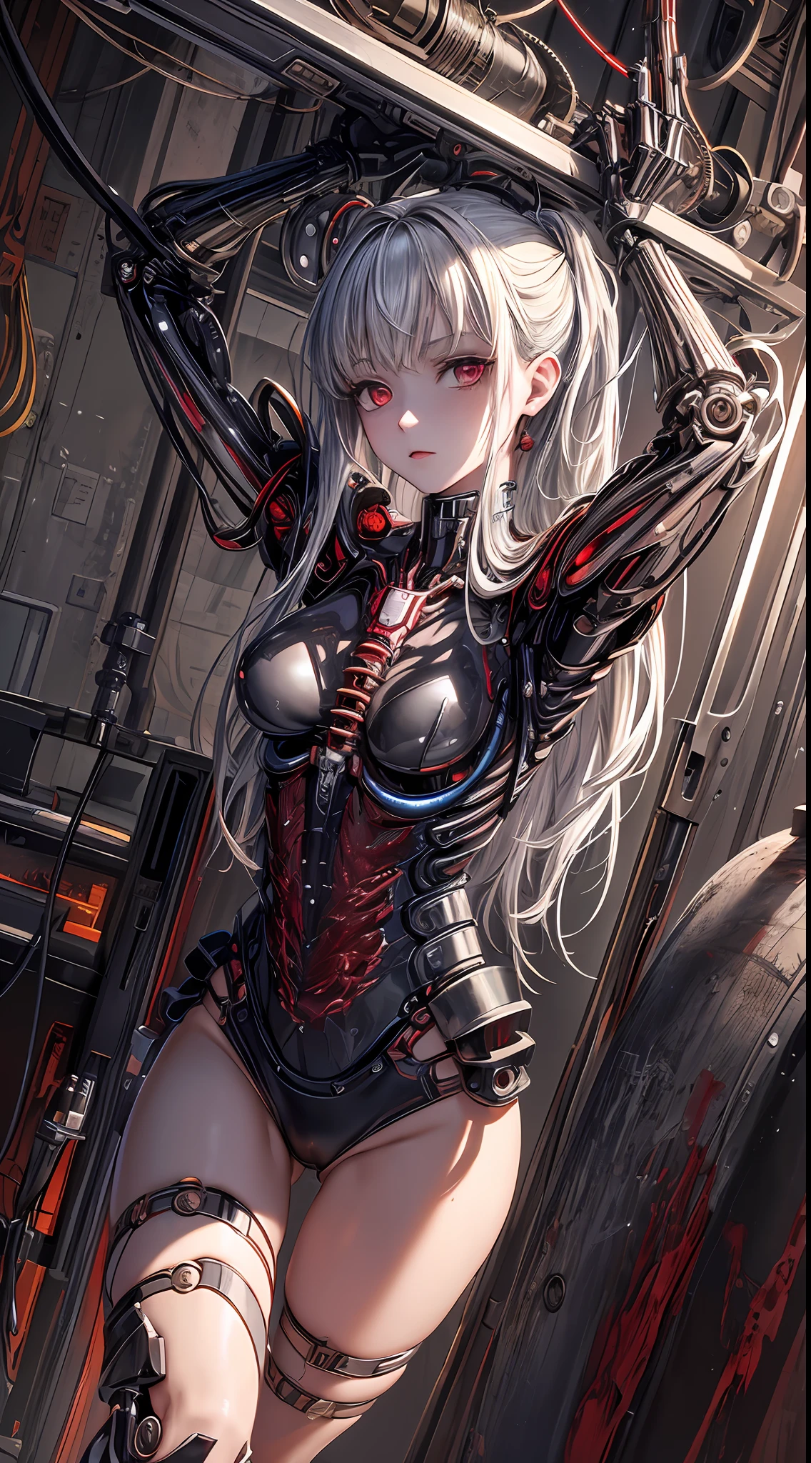 (((Masterpiece))), ((Best Quality)), (Super Detail), (CG Illustration), (Very Evil and Beautiful)), Cinematic Light, ((1 Mechanical Girl)), Single, (Mechanical Art: 1.4), ((Mechanical limb)), (Blood vessel attached to a tube), ((Mechanical spine attached to the back)), ((Mechanical cervical vertebrae attached to the neck), (Back to the viewer)), expressionless, ( wires and cables attached to the head and body: 1.5), Science Fiction, Apocalypse, Ruins, (Lower Body Integrated with Mechanical Devices), (Blood: 1.5), Cruelty, Absurdity, Eroglotesque, Fusion with Machines, Doomsday Time, Super Future, Inorganic, Laboratory, Restraints