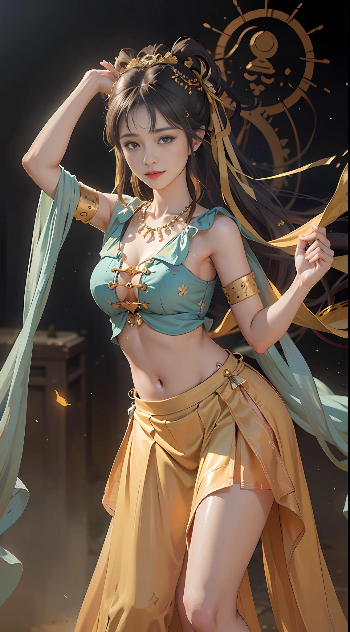 (8k, RAW photo, best quality, masterpiece:1.2), (realistic, photo-realistic:1.4), (extremely detailed CG unity 8k wallpaper), (1 girl:1.5), (yellow skirt: 1.4), red dots on forehead, pale skin, blush, big eyes, full body, thighs, open belly button, gold waist chain, gold ornaments, flying ribbons, particles, background is Loulan ancient city, ancient city wall , desert, gentle smile, charming eyes, (chest: 1.2), authentic style, dance, dunhuang_dress, dunhuang_style,