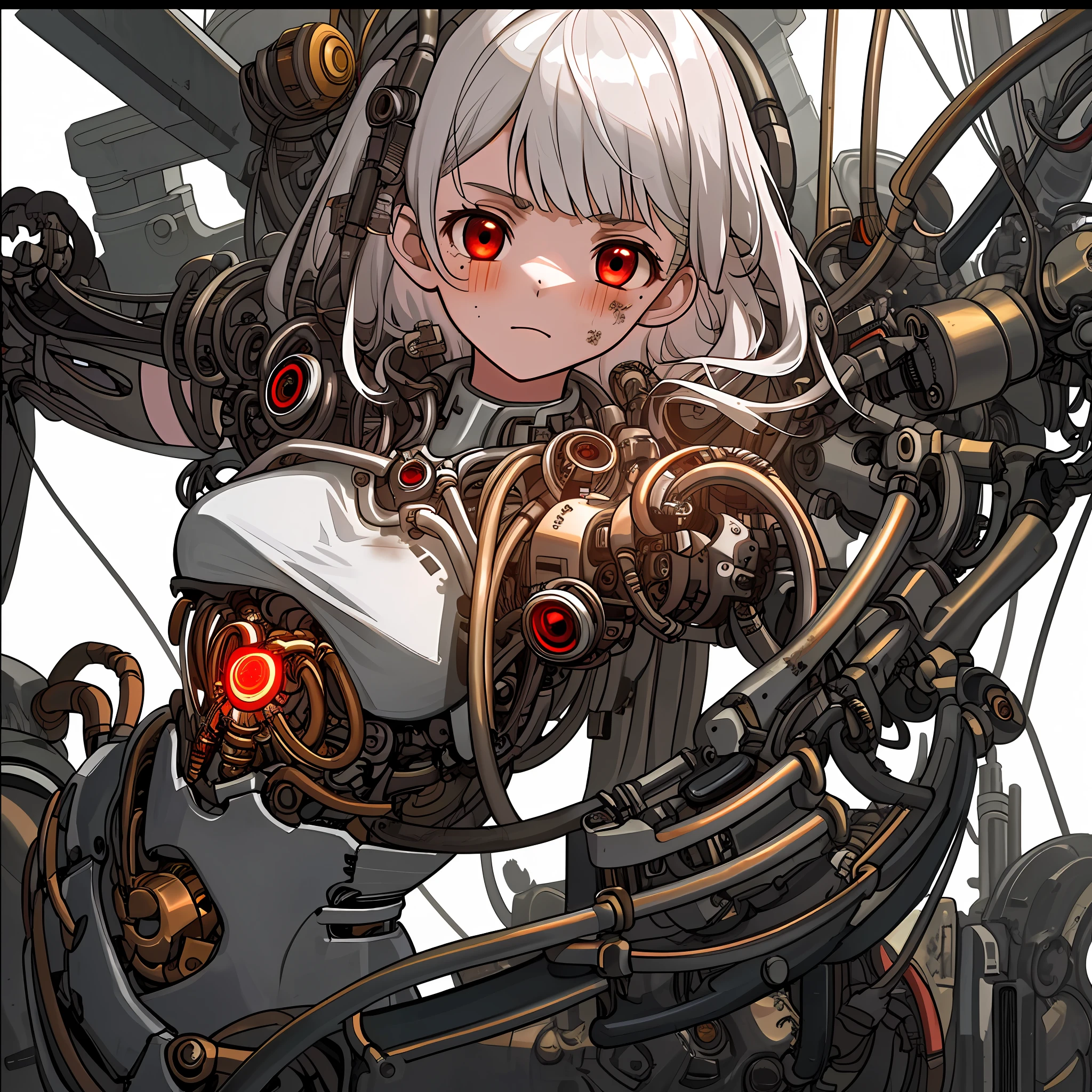 Masterpiece, illustration,8K wallpaper, super detailed,portrait,(full body),((damaged)),dissection, (1 girl:1.5),(solo),(Machine),white hair,Medium breasts,Beautiful detailed red eyes,(Mechanical (heart)),(Dirty face:1.3), (Wire),(Transmission tube), dissection, with internal mechanical parts exposed from the injury and short circuit,indicate,suffering heavy damage to her body and waist, dissection, with internal mechanical parts exposed from the injury and short circuit,indicate,(in Assemble:1.3), ,natural light, light tracing