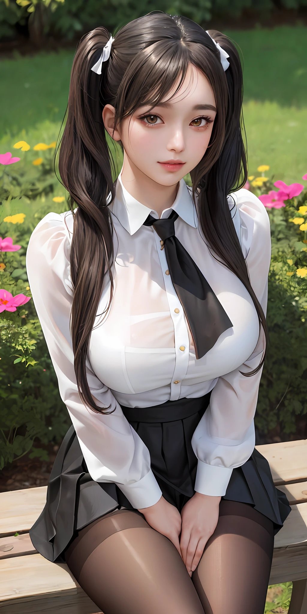 RAW, 1girl, pure Eros face, solo, colorful, (masterpiece, best quality: 1.3), (absurdity: 1.3), (realistic: 1.3), (detailed skin: 1.3, detailed face: 1.3), standing, beautiful face, beautiful eyes, looking at the audience, sharp focus, delicate, (beautiful cute_girl:1.3), curvy, (huge breasts: 1.2, thick thighs: 1.2, ), long eyelashes, (shiny skin), light smile, (black_twintails:1.3), (big_eyes:1.2, brown_eyes), (brown_gloss_eyeshadow:1.2), pink_lips, White frilled shirt, Black pleated skirt, (black_pantyhose), Willow, wooden stool, garden, green grass, small lake, (Clear sky: 1.3), (Sunlight: 0.5), (Complete Five Fingers:1.2)