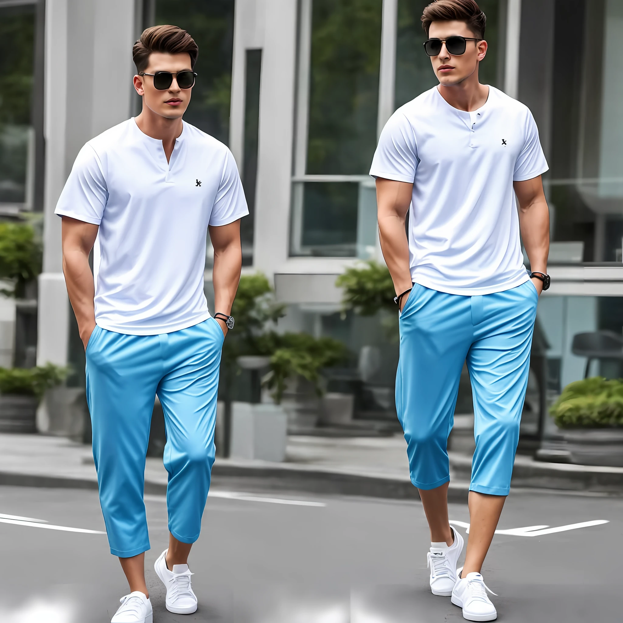4. Handsome men: short-sleeved shirt + loose cropped pants

Summer is the season when sweat is easy to absorb, and any exercise requires us to change dry clothing. Loose cropped pants are generally made of cotton for sweat-wicking comfort, while short-sleeved shirts are designed with a stand collar, and the "T" list logo embroidery also looks cool and personal. Please take full-body photos, look at the camera, 8K HD with DSLR, high resolution, realistic feel and shallow depth of field (0.8).