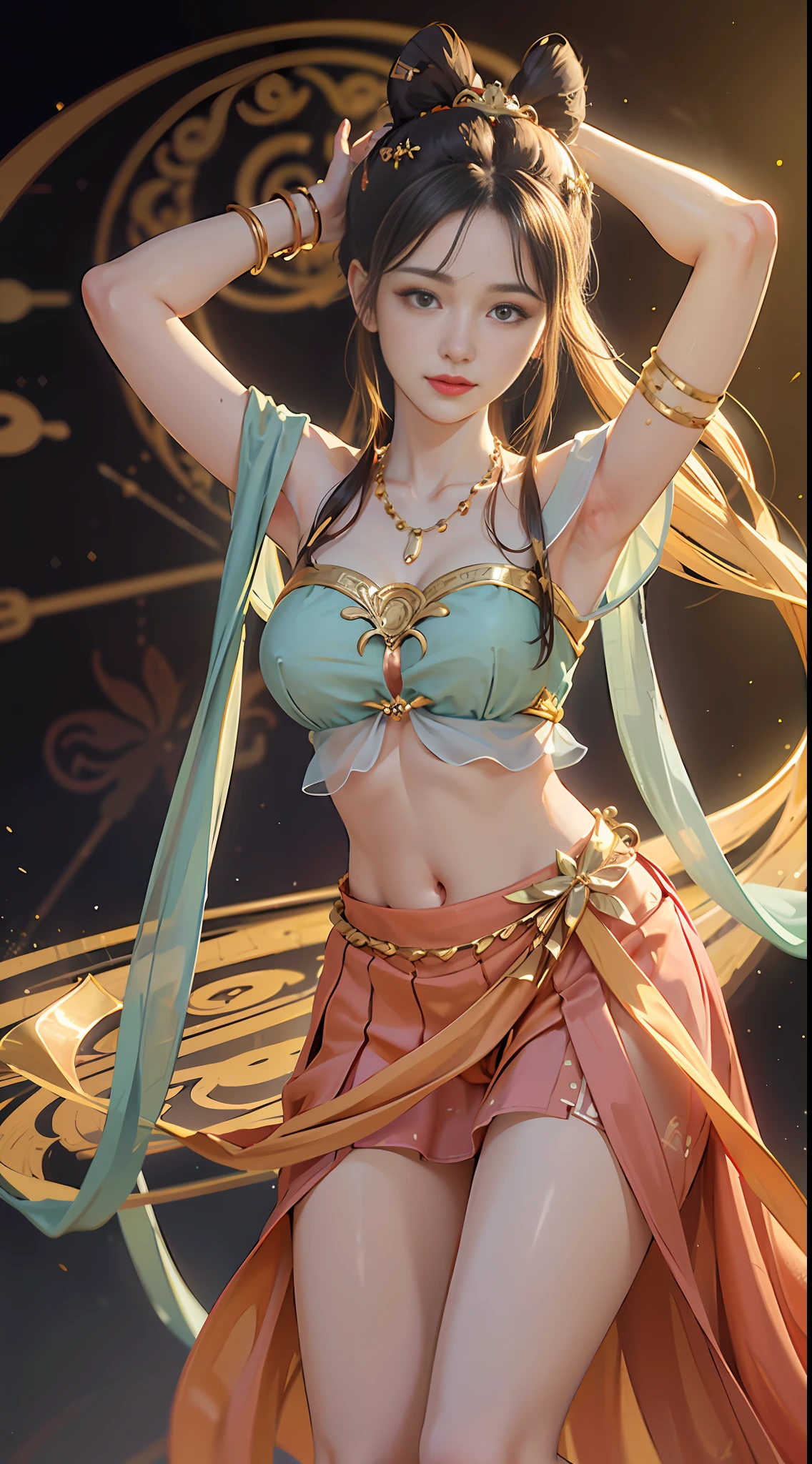 (8k, RAW photo, best quality, masterpiece:1.2), (realistic, photo-realistic:1.4), (extremely detailed CG unity 8k wallpaper), (1 girl:1.5), (yellow skirt: 1.4), looking at the audience, red spots on forehead, pale skin, blush, big eyes, full body, thighs, open navel, gold waist chain, gold jewelry, flying ribbons, particles, background is Loulan ancient city, ancient city wall, desert, gentle smile, charming eyes, (chest: 1.2), authentic style, dance, dunhuang_dress, dunhuang_style,
