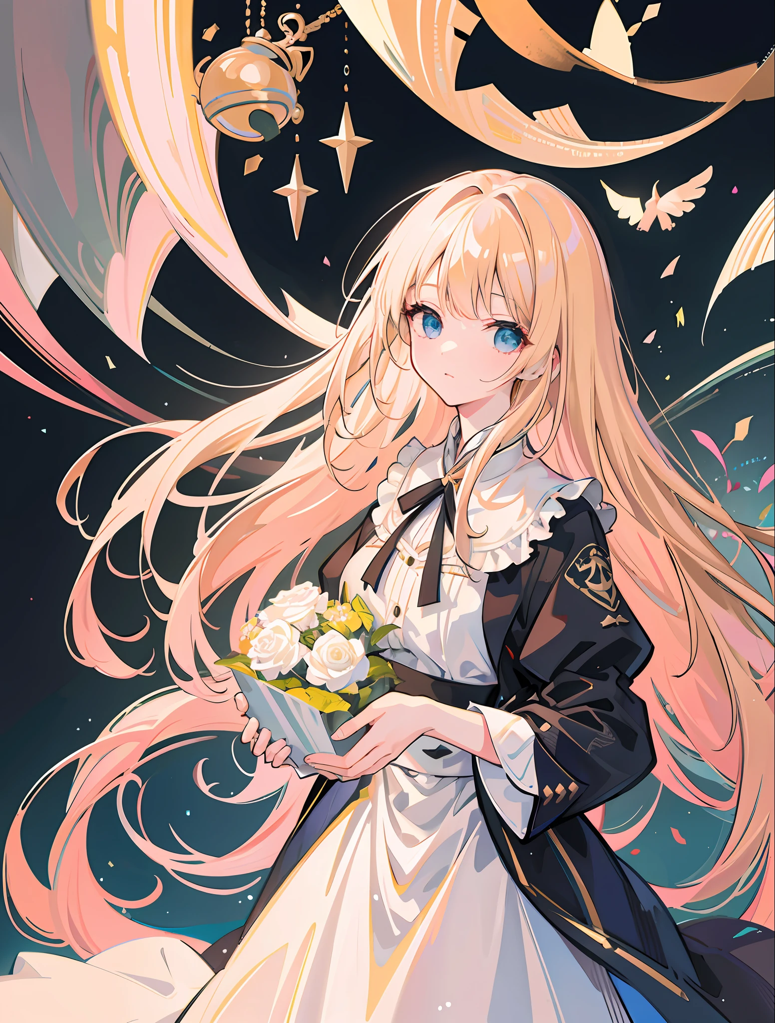 ((top quality, masterpiece, illustration, very delicate and beautiful, highly detailed, CG, unity, 8k wallpaper, wonderful, detailed, masterpiece, top quality, official art, highly detailed CG Unity 8k wallpaper)), one, woman, blonde, blue eyes, long hair, Iquinox, Deep Impact, Orfèvre, Kitasan Black, Almond eye, Delamente